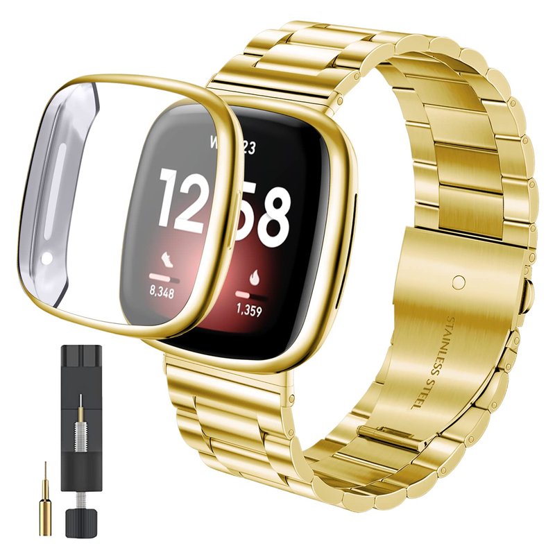 ZPJPPLX for Fitbit Versa 3 and Fitbit Sense Metal Quick Release Straps,Stainless Steel Band with Soft TPU Full Cover Protective Cases for Women Men,Gold