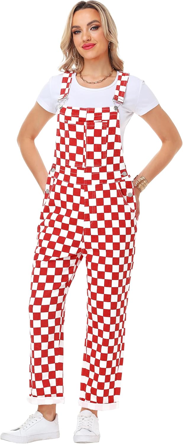 Skiennix Women's Checkered Denim Overalls - Stretchy Cotton Jumpsuit for Comfort & Style