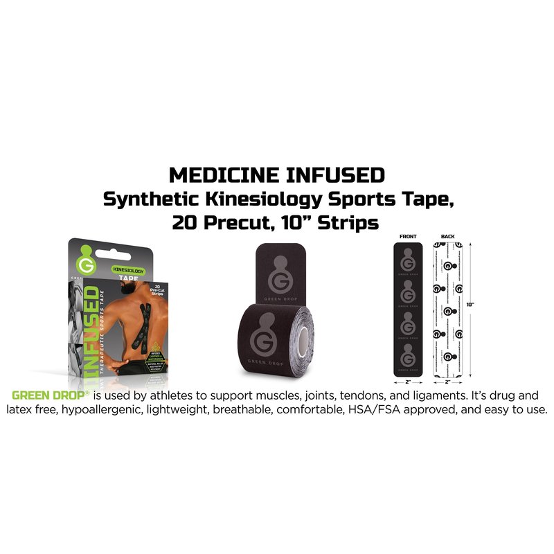 Green Drop Herbal-Infused, Therapeutic Sports Tape – Stretchable, Breathable & Patented Medical Grade Kinesiology Tape for Natural Relief in Muscles, 20 Precut, 10” Strips