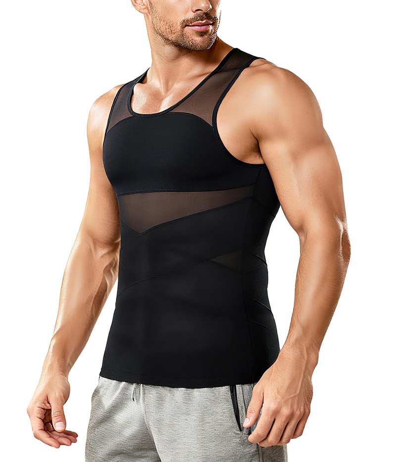 Nebility Mens Compression Shirt for Gynecomastia - Sleeveless Slimming Undershirts Body Shaper Vest Mesh Shapewear Workout Tank Tops Black