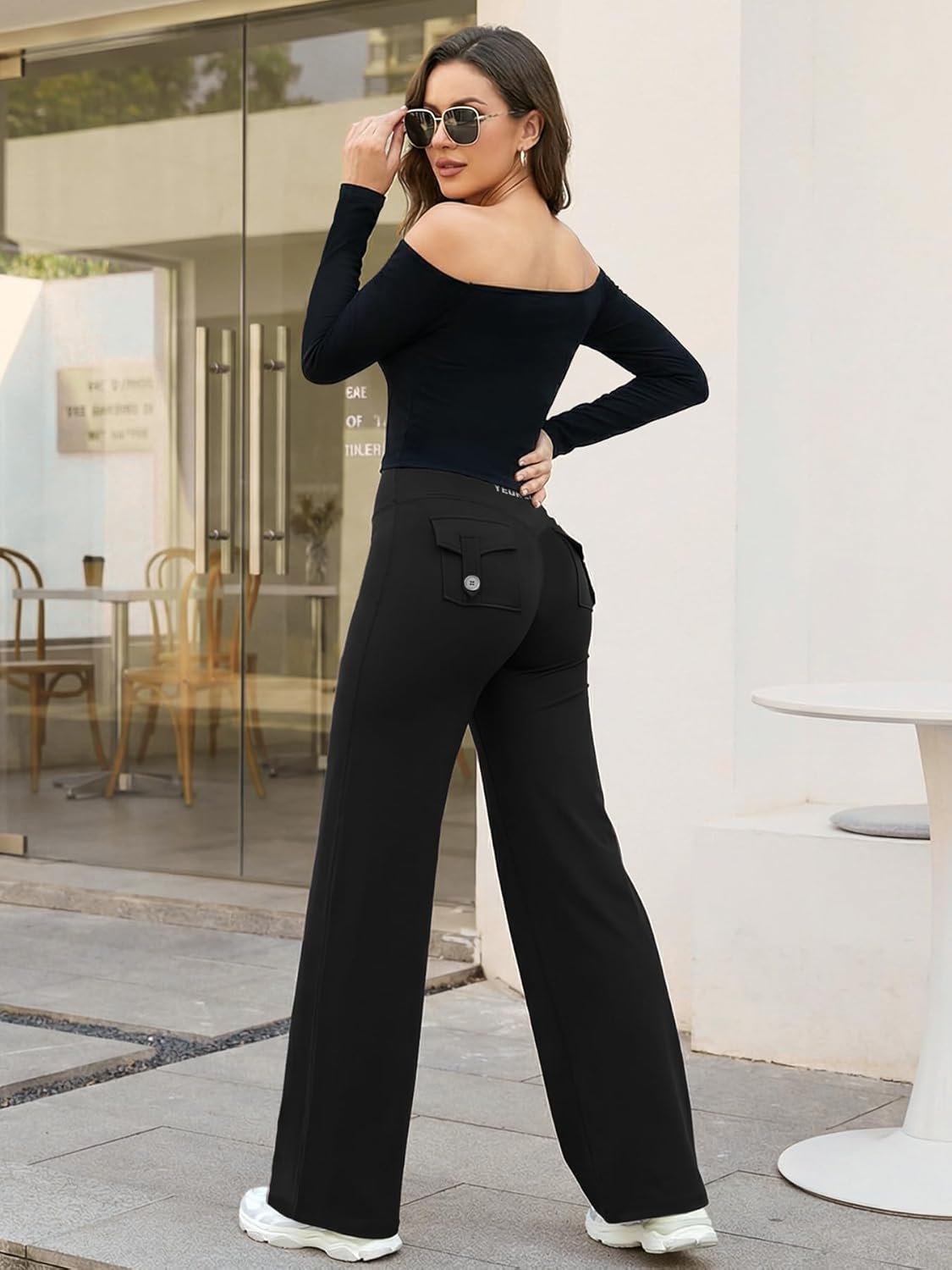 YEOREO High Waist Cargo Leggings - Straight Leg Workout Pants with Pockets for Women