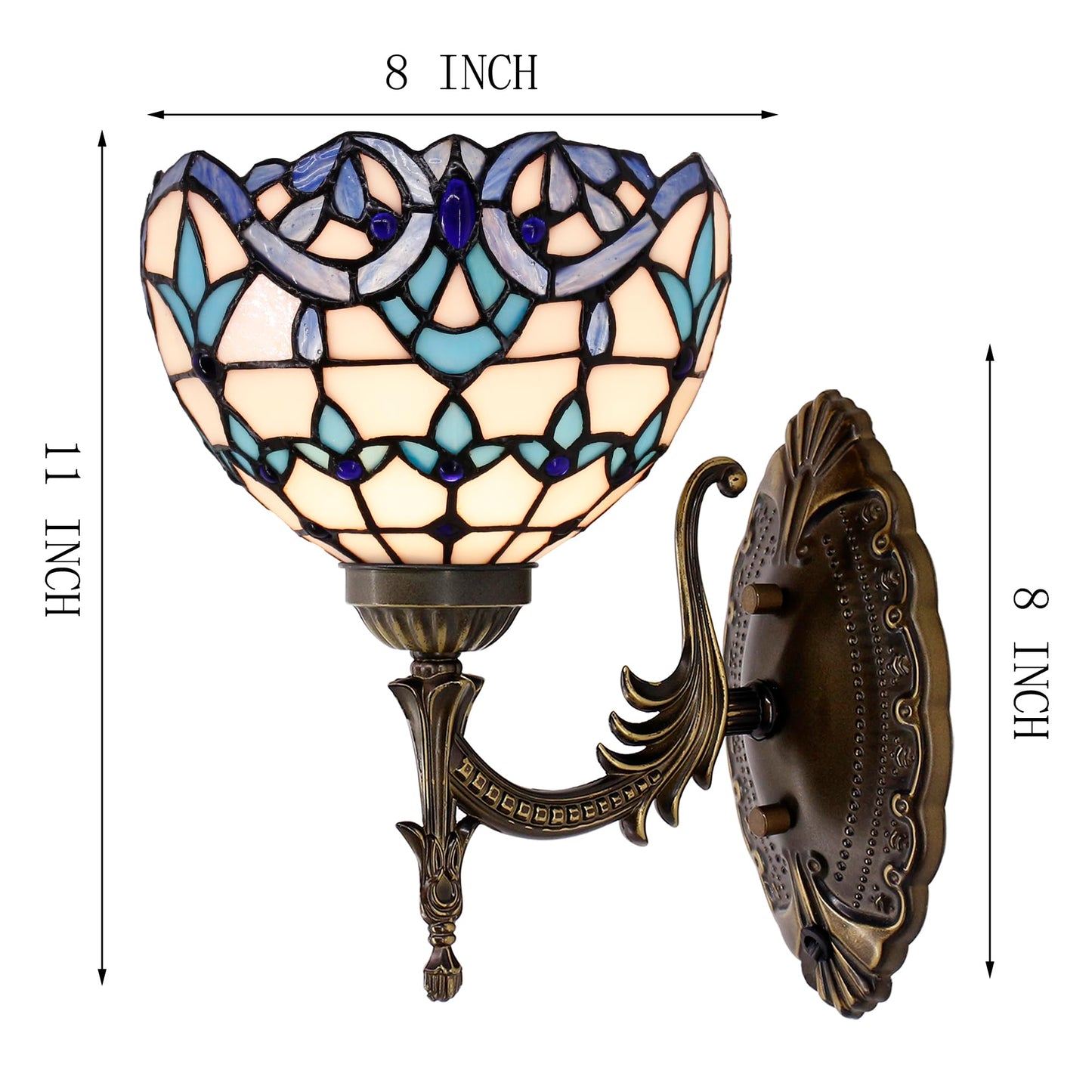 Tiffany Wall Sconce Lamp Stained Glass 8X10.5X11 Inch Plug in Wall Bedside Light for Hallway Bedroom (White Blue Baroque Style)