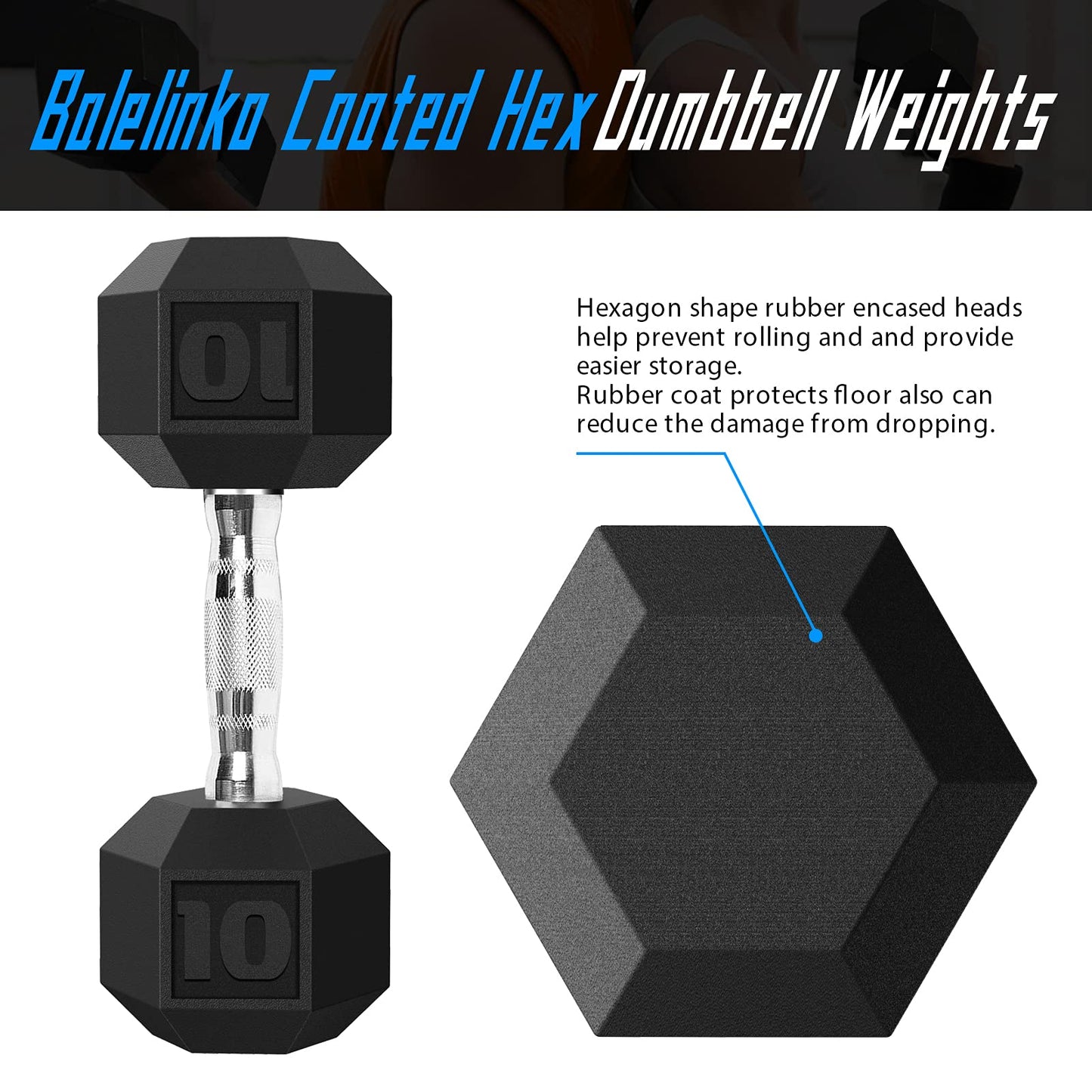 Balelinko Hex Dumbbells Free Weights Set with Metal Handles Rubber Encased Solid Cast Iron Hex Dumbbell in Pair, 10 LBS