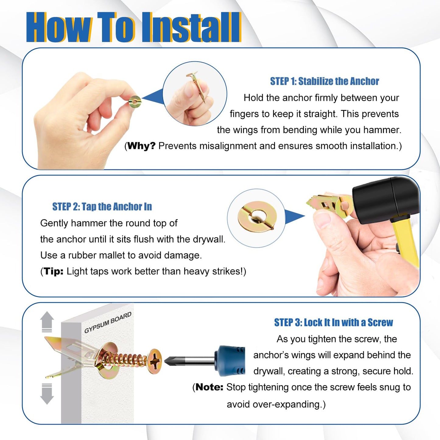 Self Drilling Drywall Anchors with Screws Kit - 100 Pcs 4 Sizes Heavy Duty Metal Expansion Anchors for Sheetrock, No Drill Needed, 50lb Rating, 2025 Upgraded Design