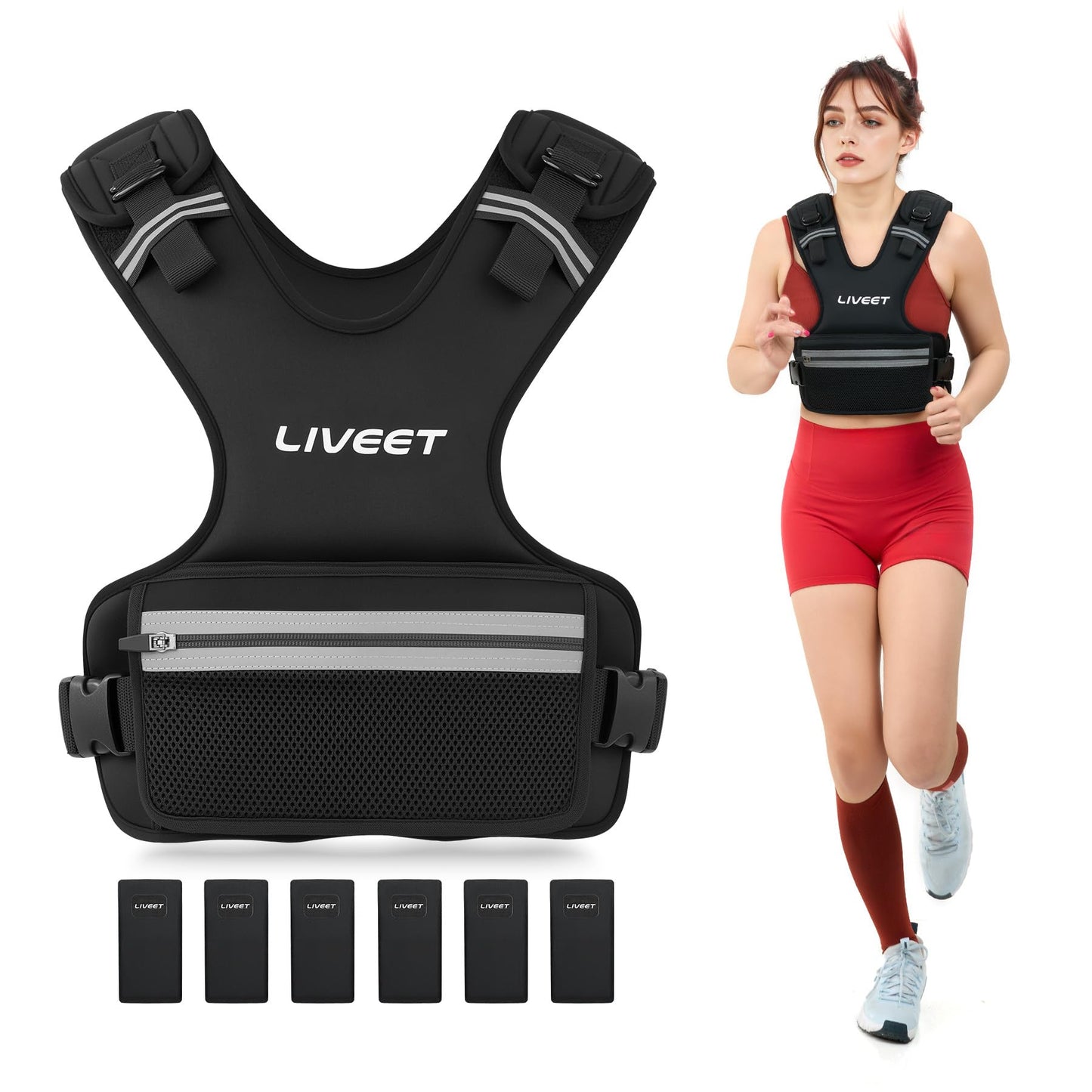 LIVEET Weighted Vest, 9-15lb/11-20lb/20-32lb Silicone Soft Iron Adjustable Weight Vest for Women Men with 6 Removable Blocks, Shoulder & Waist Adjustable Workout Vest for Training Walking Yoga
