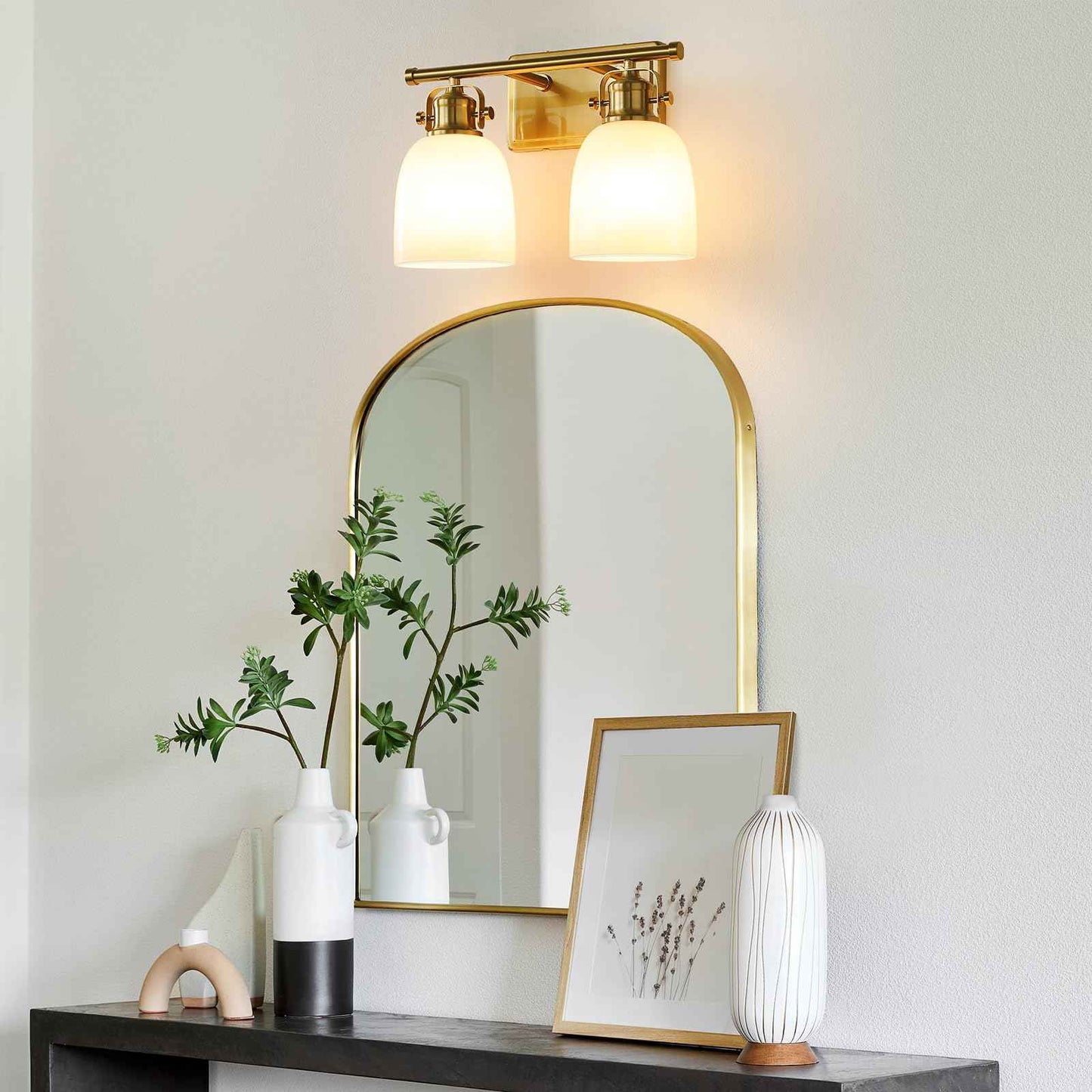 KAISITE Bathroom Vanity Light Fixture 2-Light Brushed Gold Vanity Light with Milky White Glass Shades Bathroom Lighting Fixture Over Mirror 14.2 Inch E26 Wall Sconce(Exclude Bulbs)