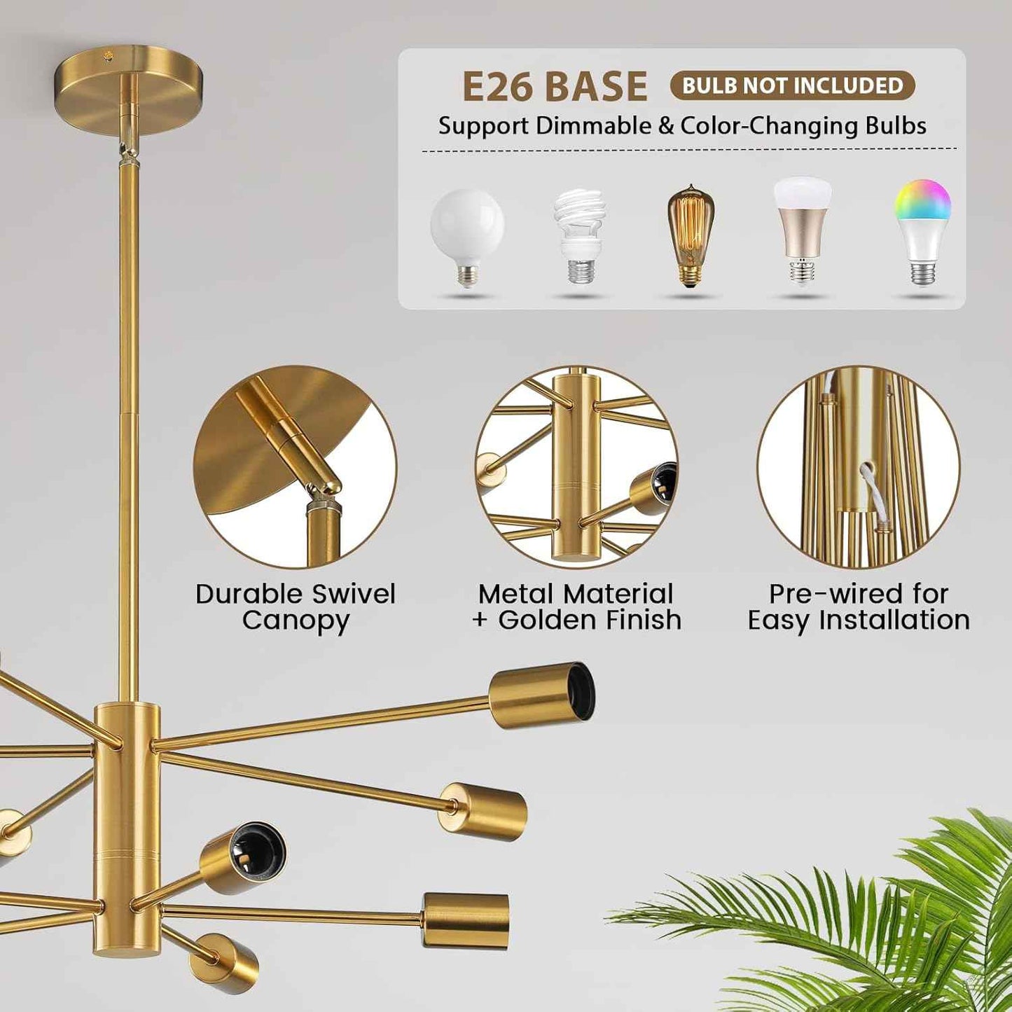 8-Light Gold Sputnik Chandelier - Modern Adjustable Ceiling Light for Dining Room, Kitchen & Foyer