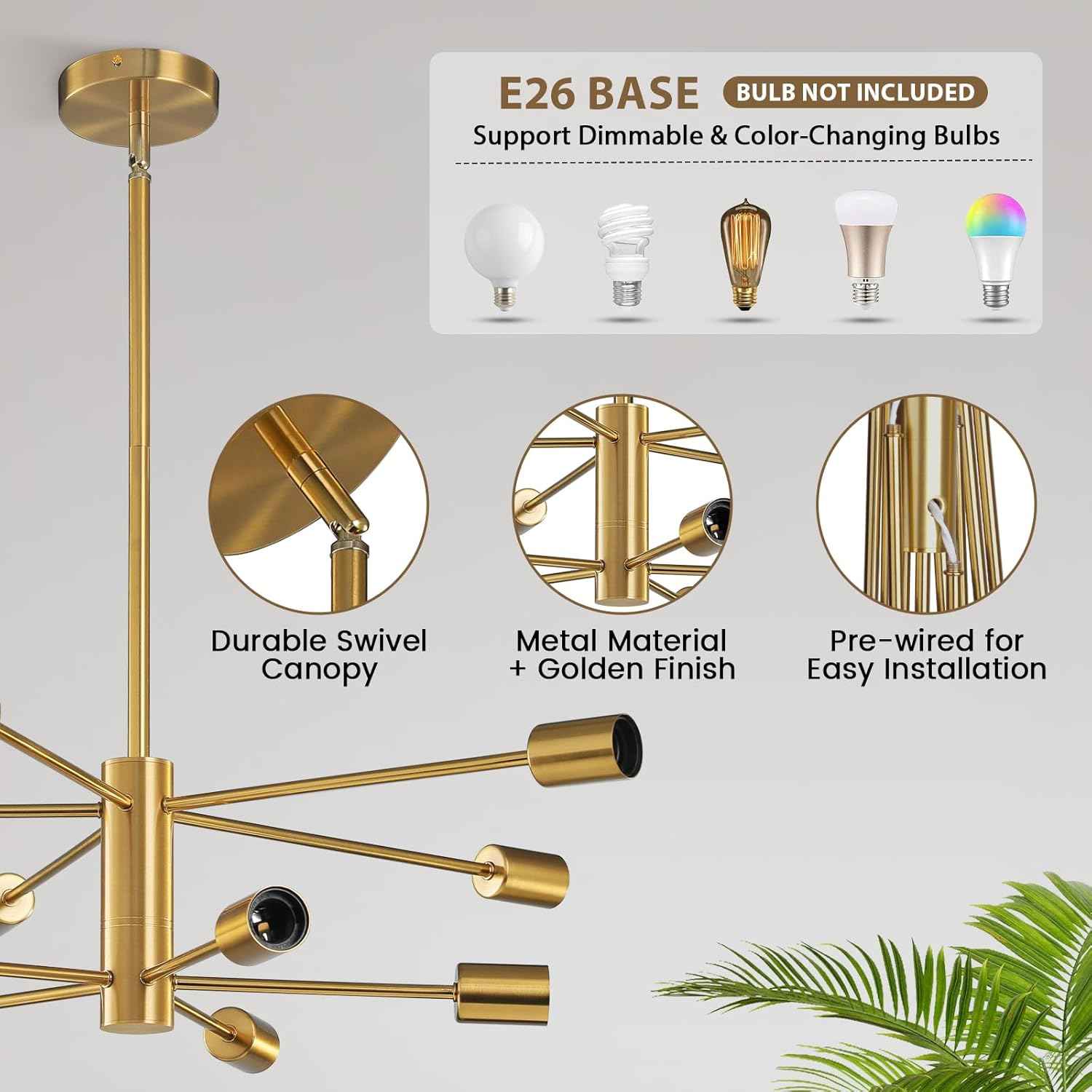 8-Light Gold Sputnik Chandelier - Modern Adjustable Ceiling Light for Dining Room, Kitchen & Foyer