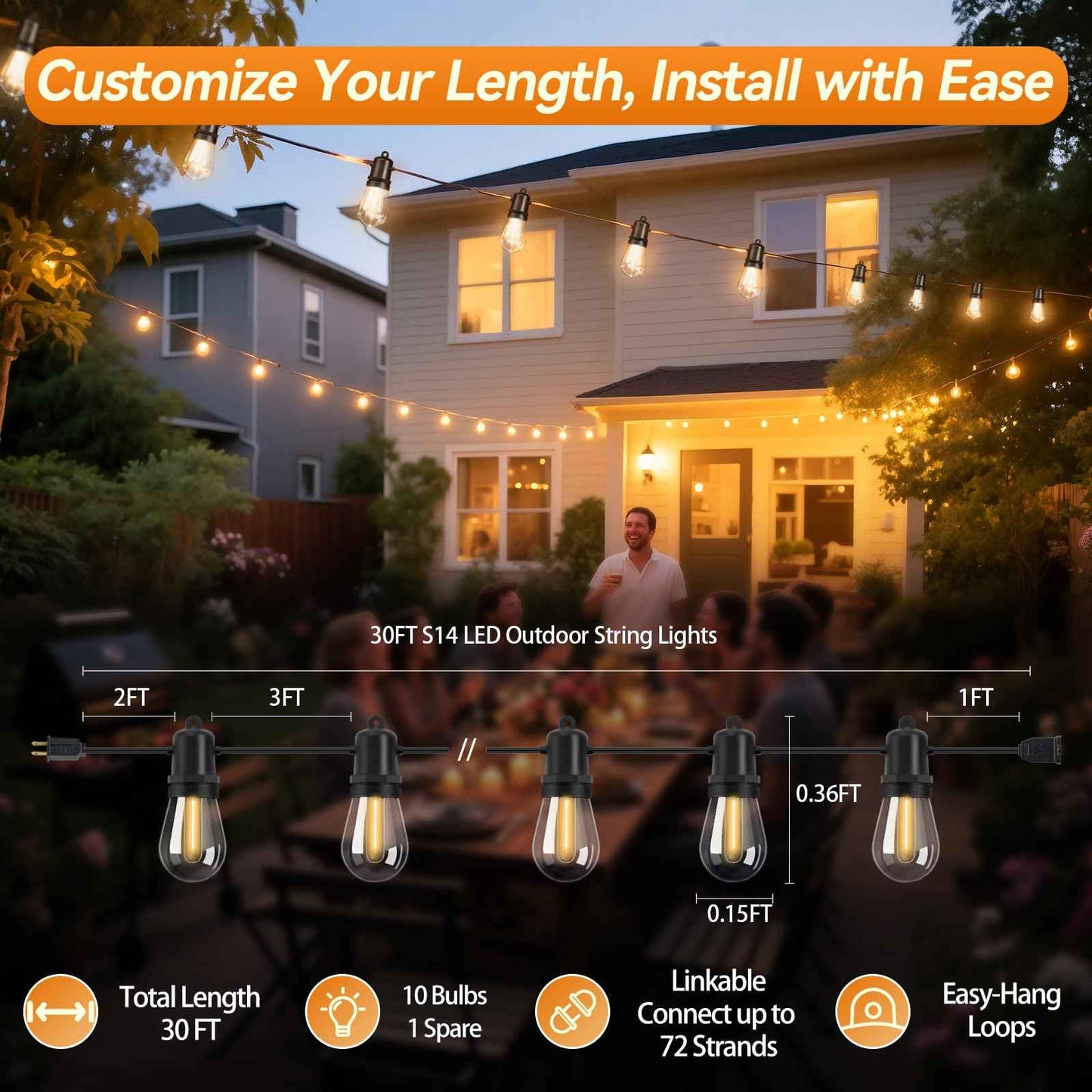 Adirxon 30FT LED Outdoor String Lights Dimmable Shatterproof S14 Bulbs IP44 Weatherproof Hanging Lights for Small Patio Balcony Tent DIY Project