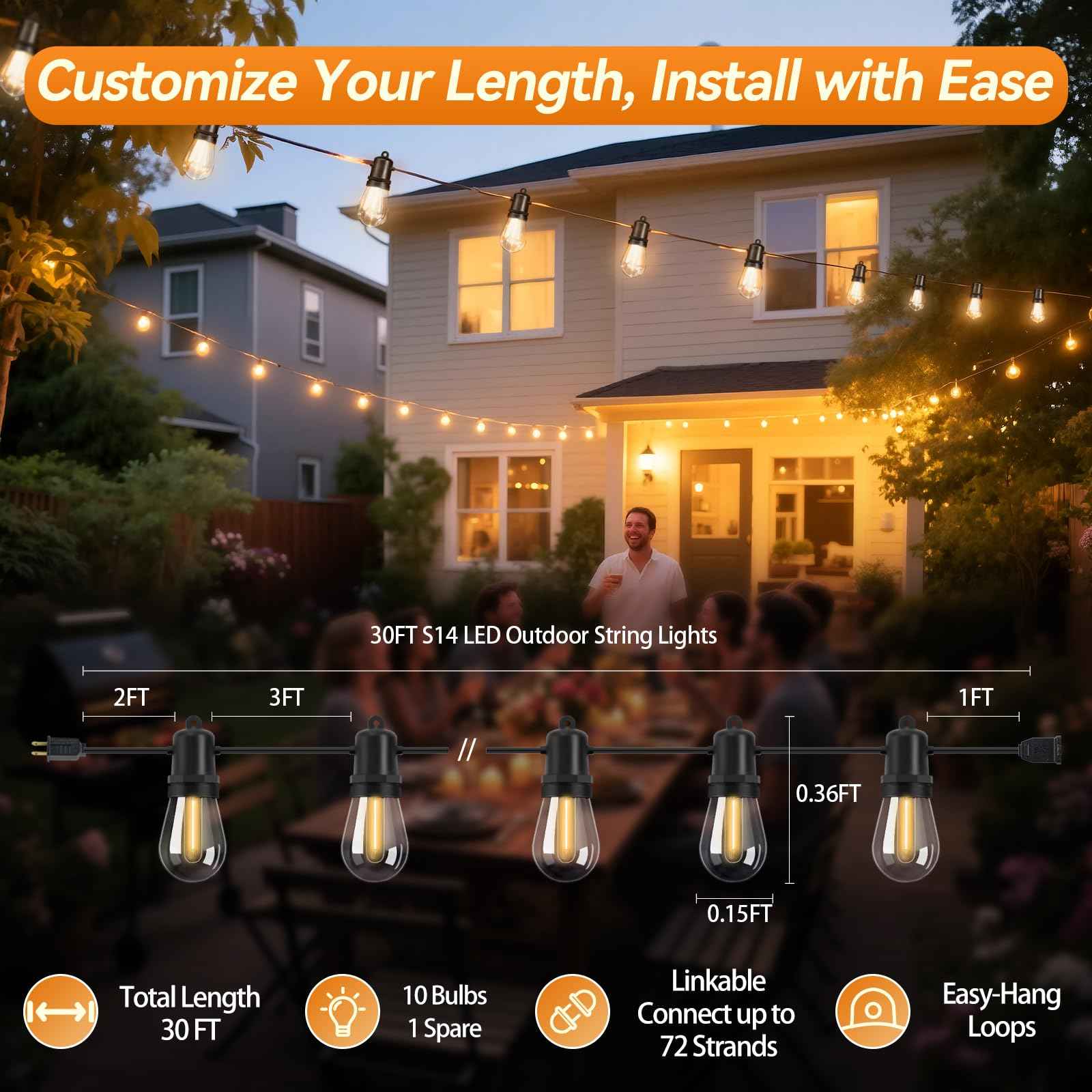 Adirxon 30FT LED Outdoor String Lights Dimmable Shatterproof S14 Bulbs IP44 Weatherproof Hanging Lights for Small Patio Balcony Tent DIY Project