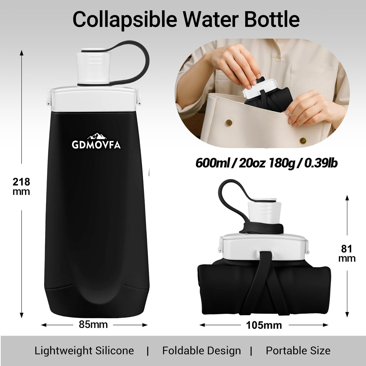 GDMOVFA Collapsible Water Bottles,20oz Reusable Silicone Foldable Water Bottle,Portable Leak-proof Collapsible Water Bottle for Traveling Camping Hiking Cycling Yoga Sports Outdoor (Black)