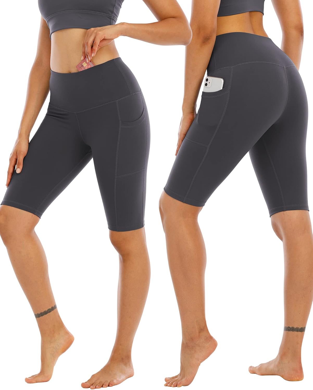 WHOUARE Biker Yoga Shorts - High Waisted with Pockets for Women | 4 Pack Tummy Control Athletic Shorts