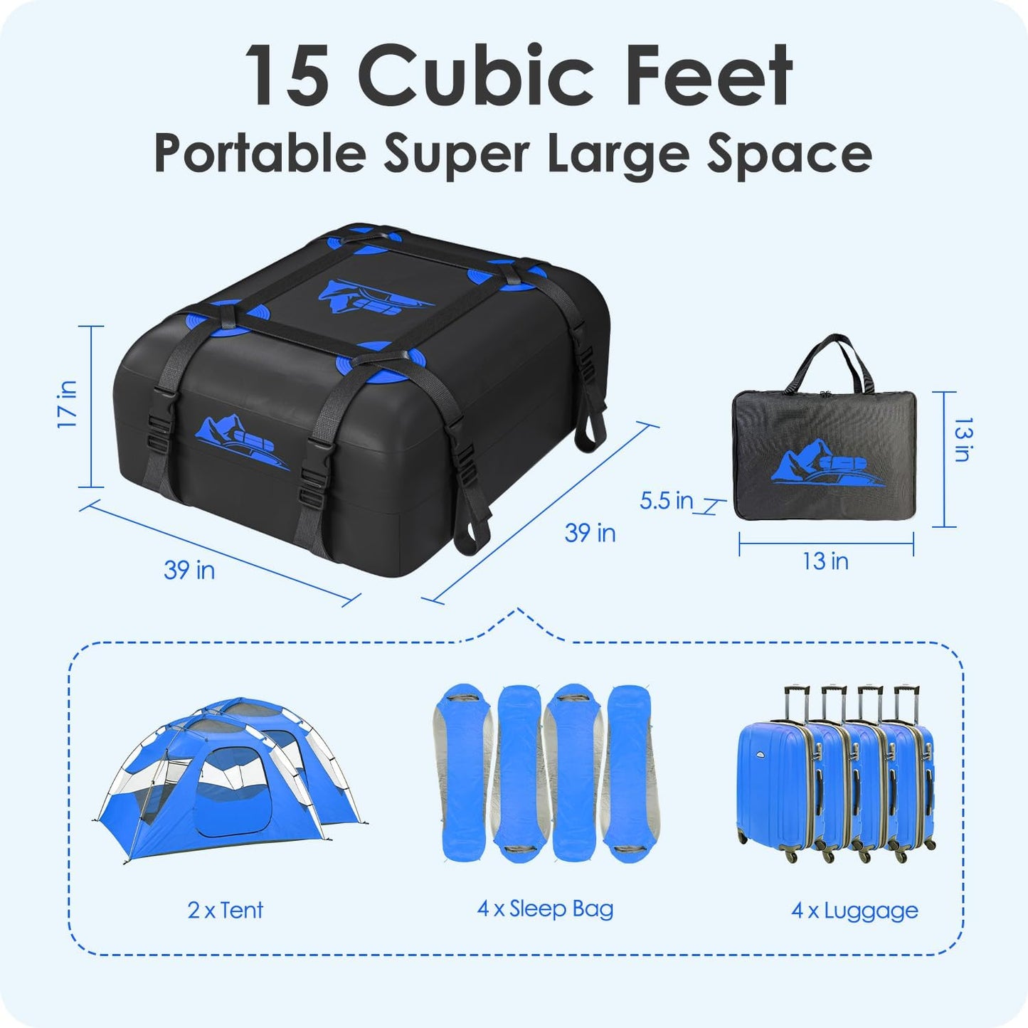 Skiennix Car Rooftop Cargo Carrier Bag - 100% Waterproof, 15 Cubic Feet Capacity | Heavy Duty, Blue