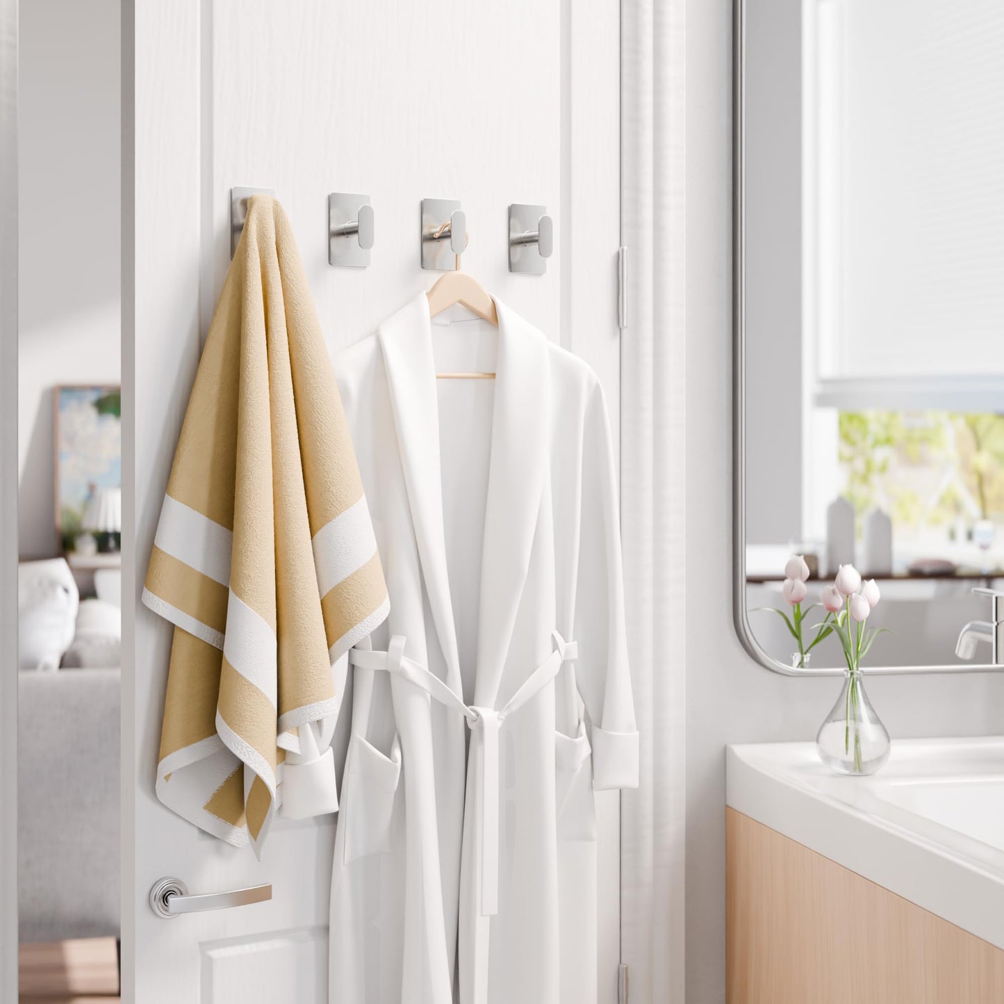 Adhesive Towel Hooks for Bathroom: 20LB Extra Strong Wall Hanger for Shower Kitchen RV Dorm Apartment, Silver 4 Pack