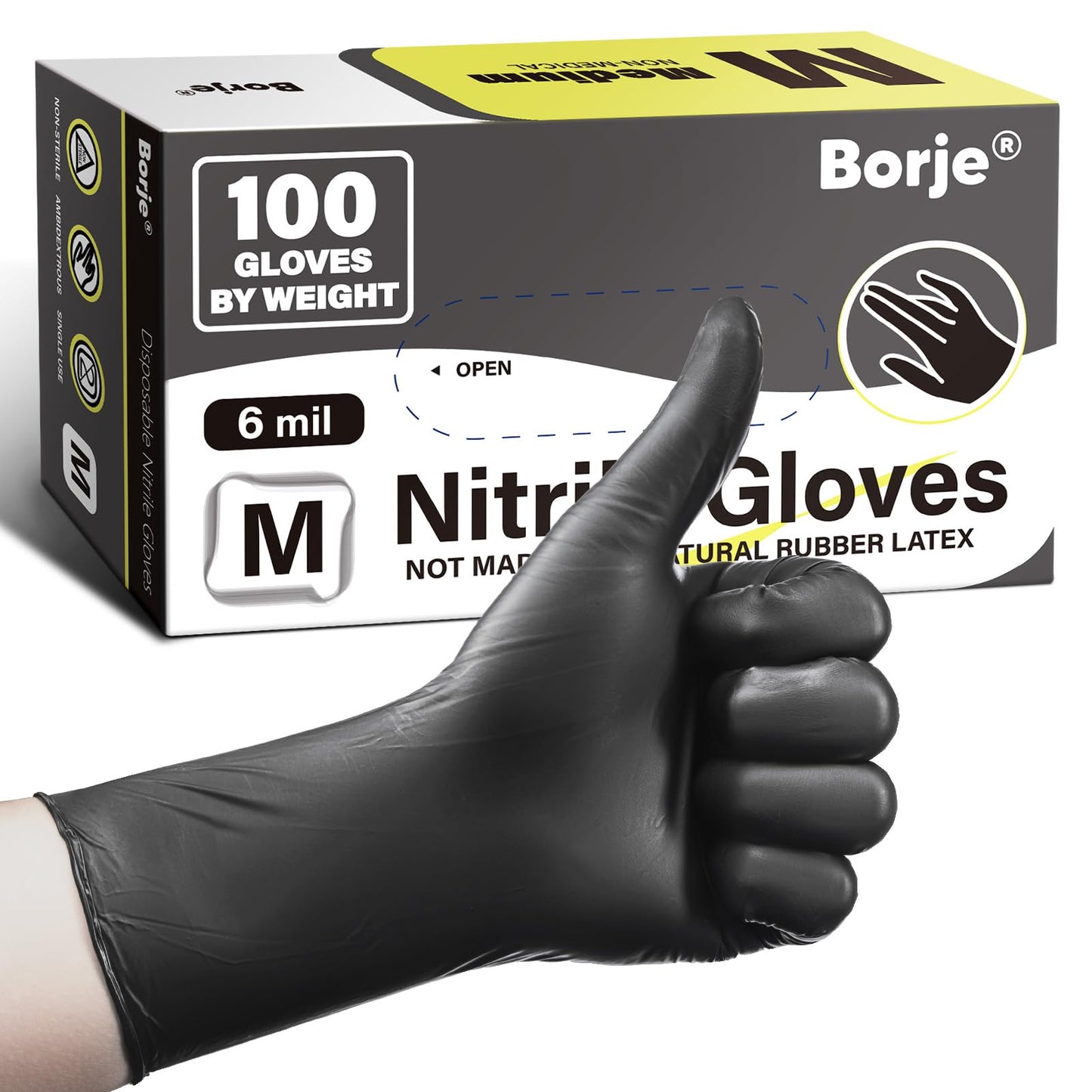 Borje Nitrile Gloves Medium, 6 Mil 100 Count Disposable Gloves, Black, Latex & Powder-Free, Medical Exam, Food Safe, Cooking, Mechanic, Cleaning