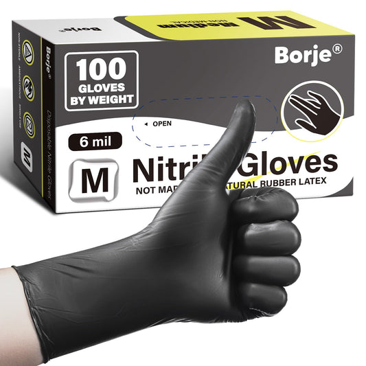 Borje Nitrile Gloves Medium, 6 Mil 100 Count Disposable Gloves, Black, Latex & Powder-Free, Medical Exam, Food Safe, Cooking, Mechanic, Cleaning