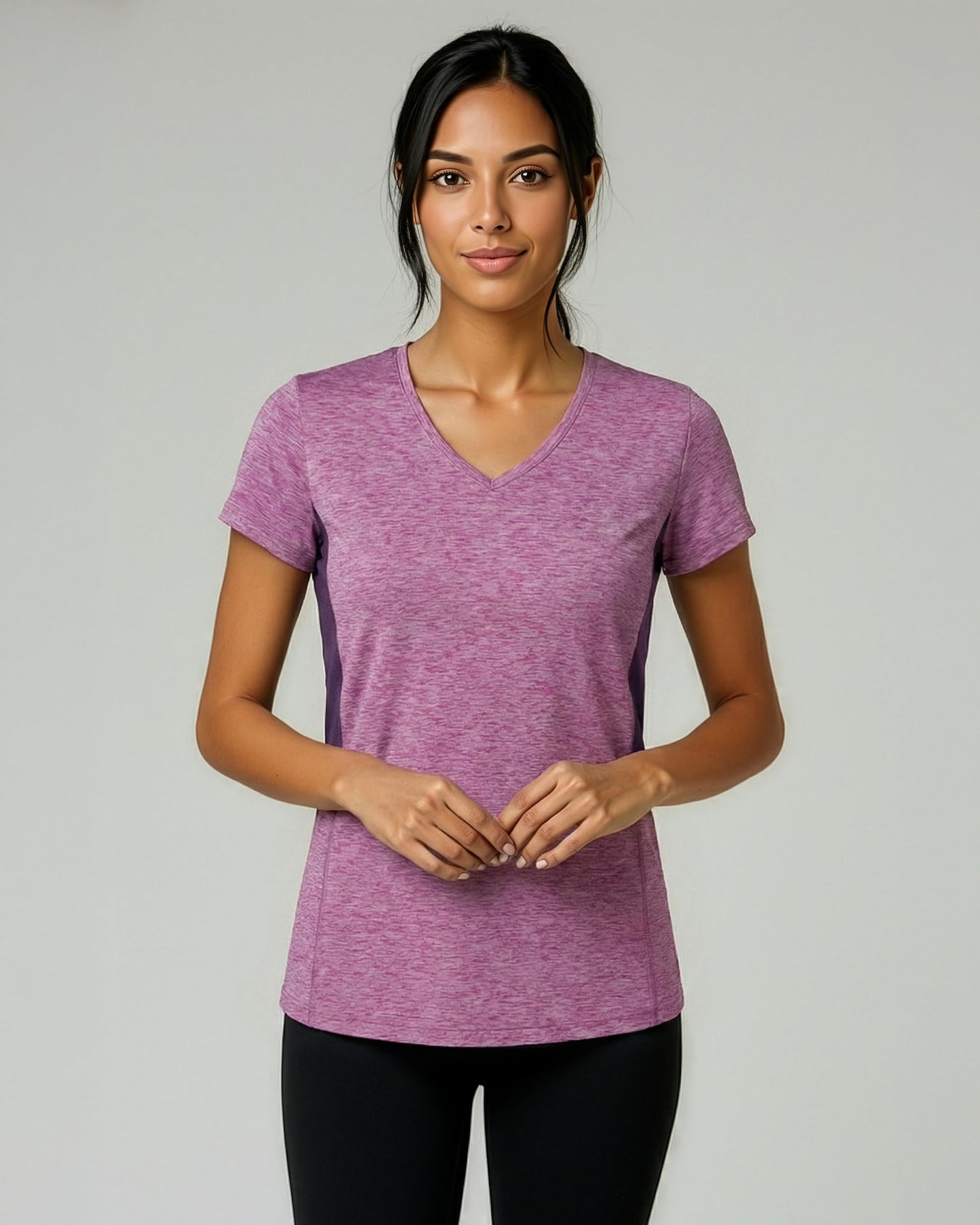 Real Essentials 5 Pack: Women's Dry-Fit Short Sleeve V Neck T Shirt Workout Fitness Yoga Top Tee, Set 4, L