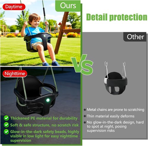 Dakzou High Back Full Bucket Toddler Swing Seat - Upgraded Heavy Duty with Finger Grip Chain | Black