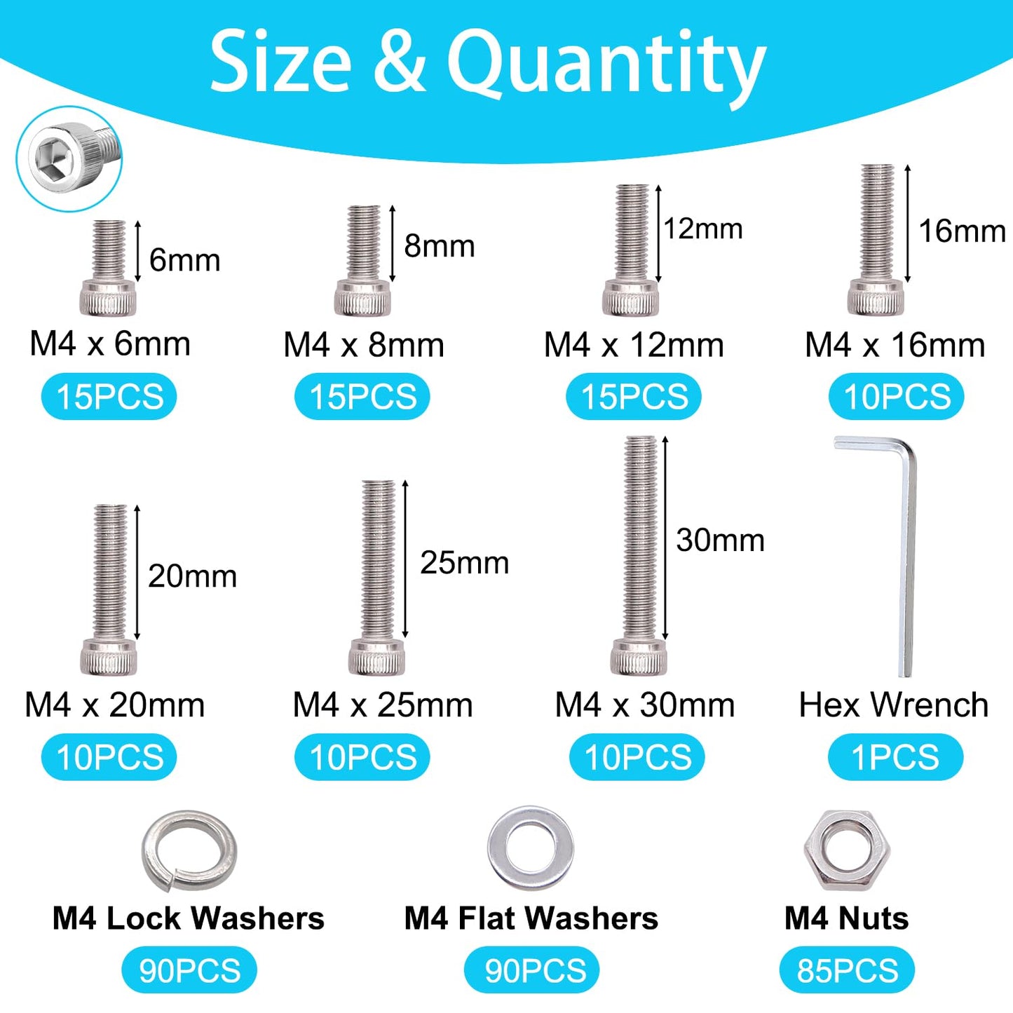 Bemaka 350PCS M4 Screw Kit, M4 x 6/8/12/16/20/25/30mm Hex Socket Head Cap Screws Bolts Nuts Washers Assortment Kit, 304 Stainless Steel Metric Bolts with Hex Wrench