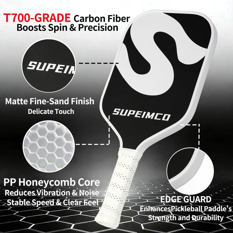 SUPEIMCO Pickleball Paddles (2 Pack) - T700 Carbon Fiber, Polypropylene Honeycomb Core,2cm Thick, 5.31" Extended Handle,8.1oz Medium Wt All Skill Levels