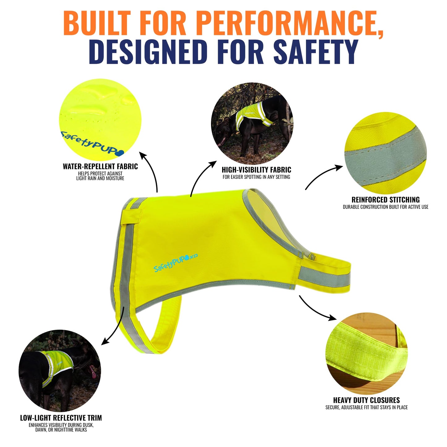 SafetyPUP XD Lite Dog Vest. Coverage to Mid Back. Reflective Hi Visibility Fluorescent Yellow Fabric Helps to Keep Them in Sight and Safe On and Off Leash.