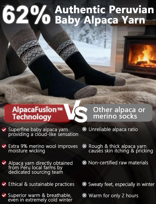 Juclise Alpaca Wool Unisex Winter Heavyweight Crew Socks Hiking Boot Warm Thick Thermal Cushioned Moisture Wicking (US, Alpha, Large, Regular, Regular, Beige Pattern+black Pattern)