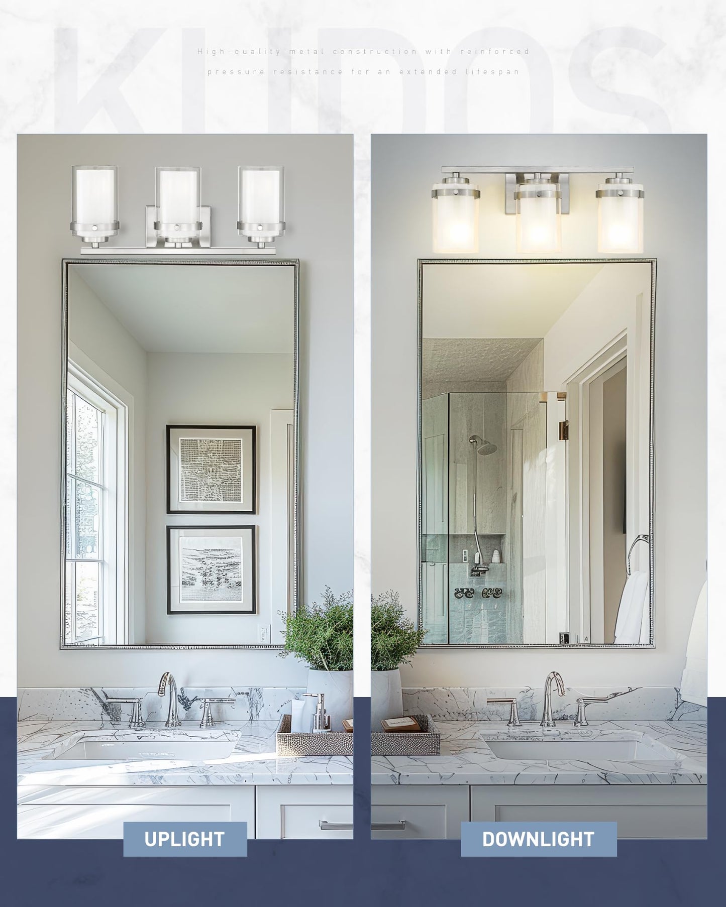 kudos 3-Light 18-inch Bathroom Light Fixtures Over Mirror, Brushed Nickel Vanity Lights with Dual Glass Shade, Wall Sconce, Modern Vanity Lights for Bathroom, Hallway, KDVL15-BN-3