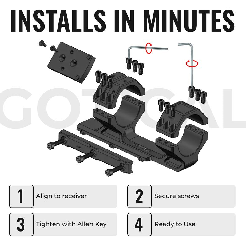 Gotical Tactical 34mm Tube 20MOA One Piece Ring Mount w/10:30, 12 o'clock, 1:30 Top Optic RMR Mount Plate, 1.57" Central Height, for 20mm Picatinny Rail