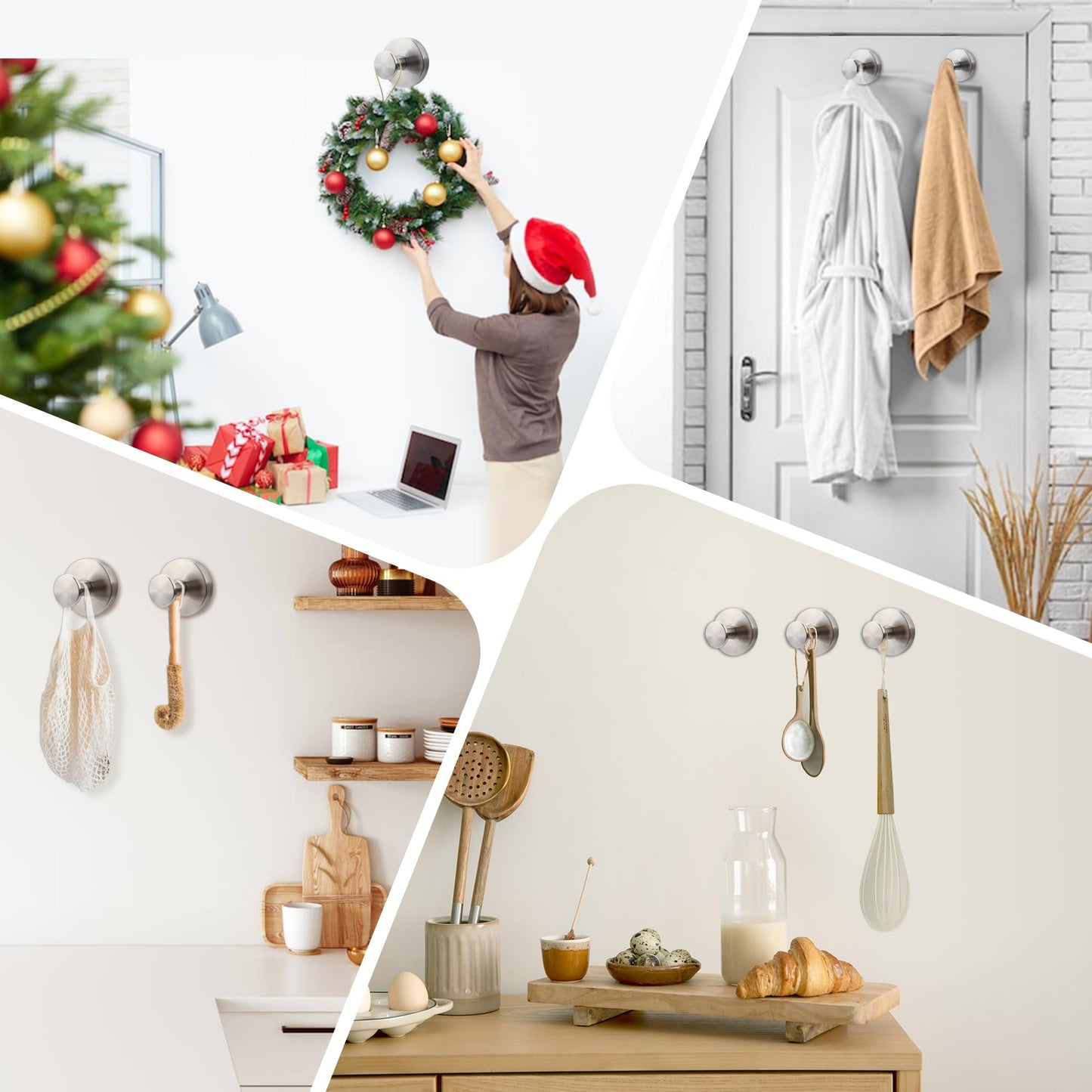 Suction Cup Hooks for Bathroom and Shower - Brushed Nickel Adhesive Hooks for Towel, Loofah - Removable Hook for Kitchen, Glass, Mirror, Door, Tile - Ideal for Coat, Wreath, Hanging Needs (Pack of 2)