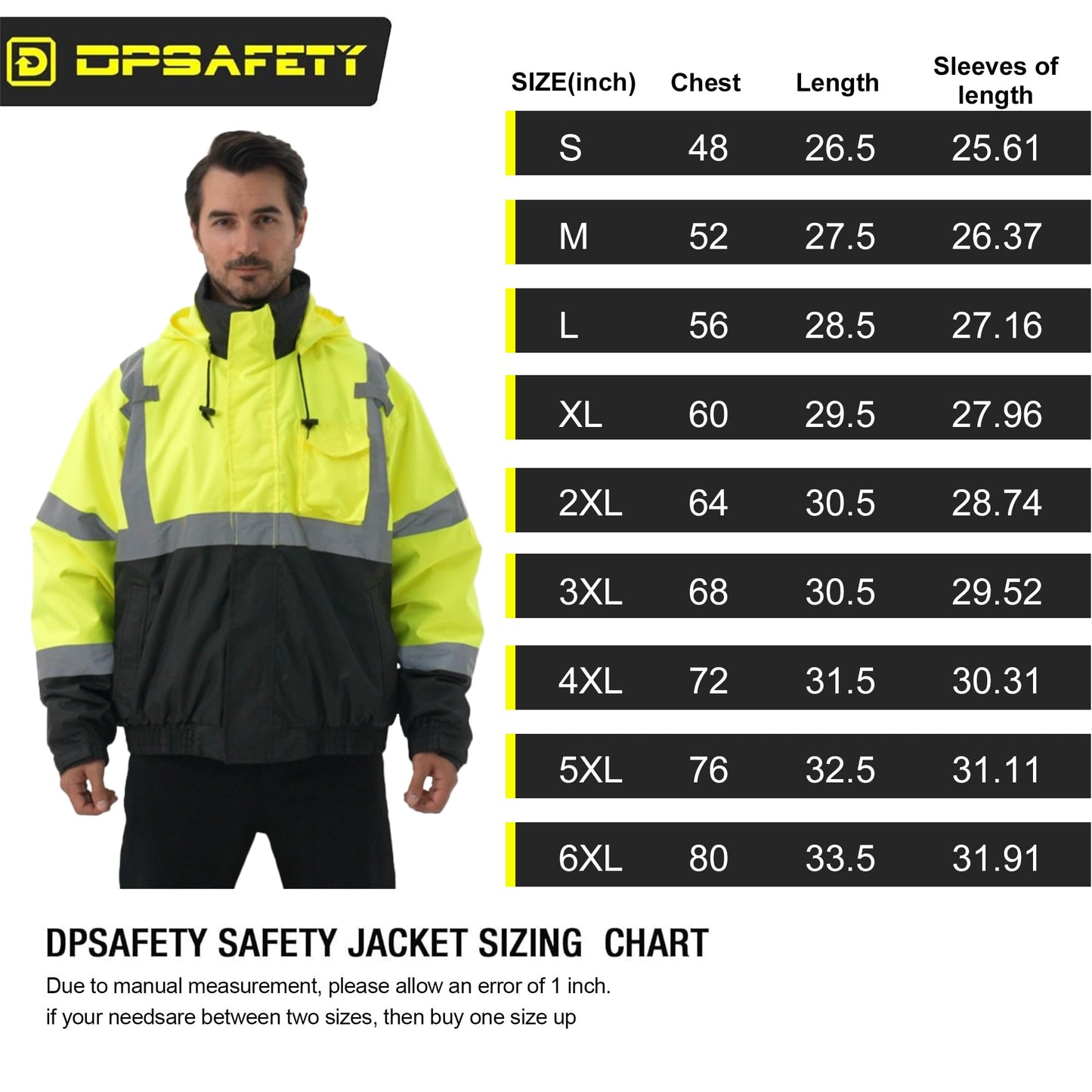DPSAFETY 3 in 1 Safety jacket,Reflective high Visibility Hooded jacket,Hi Vis Bomber Jacket shell and fleece lining,Waterproof,ANSI Class 3 Black Bottom Lime,2XL