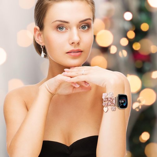 REALSIGN Stylish Band Compatible with Fitbit Versa 3 Bands/Versa 4/Sense 2/Sense Bands for Women,Metal Cuban Chain with Unique Flower Love Pendants Charms Dressy Strap(Flower Rose Gold)