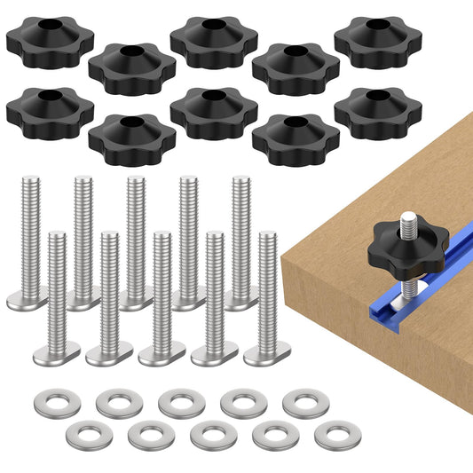 ZIUZI 10 Sets of 1/4"-20 T Track Knob Kit, Star Knobs Kit Include 1/4-20 Threaded Bolts with Washers and Star Knobs, T Track Accessories for Woodworking Jigs and Fixtures
