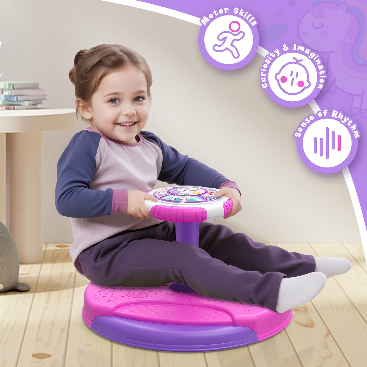 HYES Unicorn Sit and Spin Toys for Toddlers 1-3 Girls, 360° Toddler Spinning Seat with LED Lights and Music, Sensory Toys Birthday for Kids 3-5