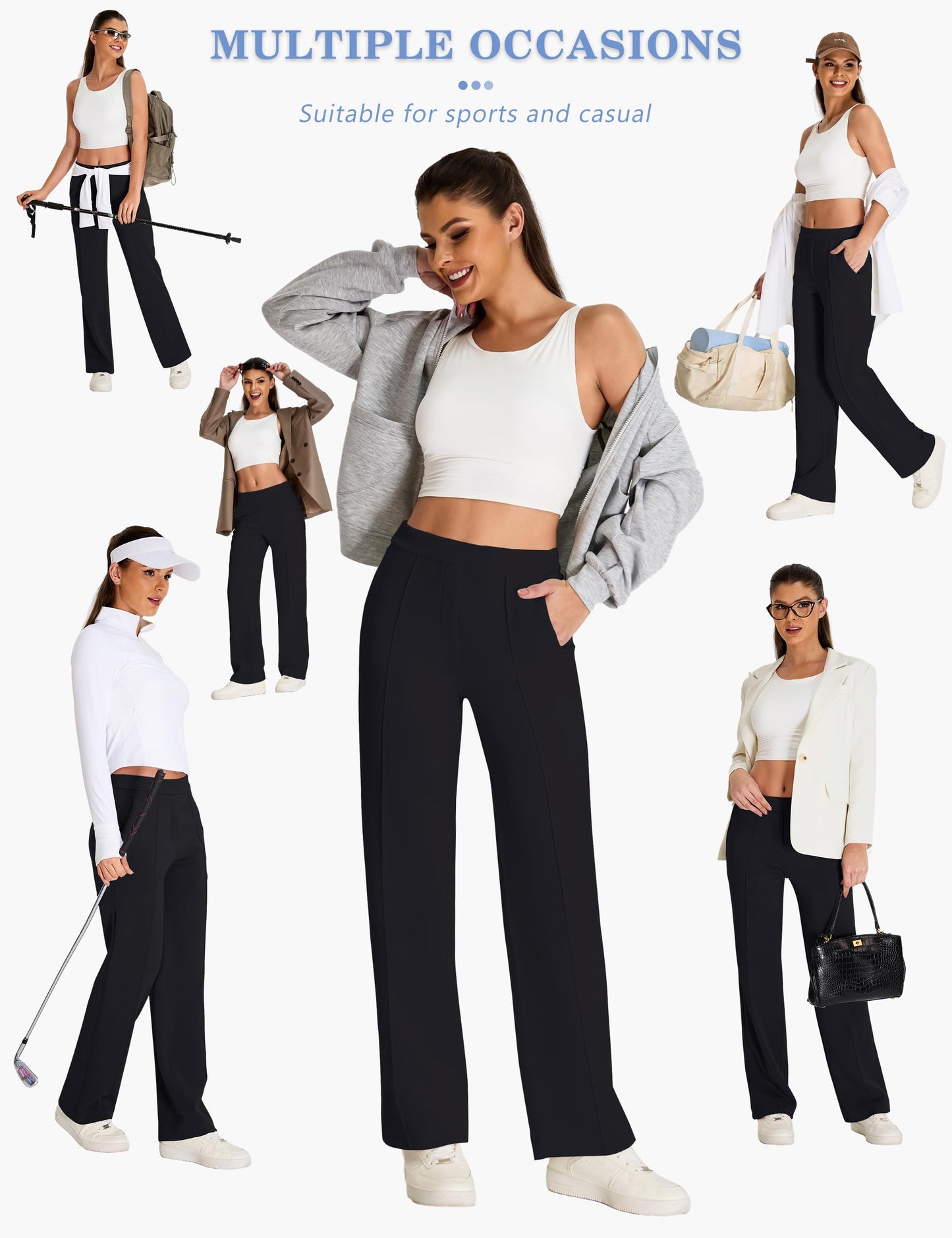 BMJL Women's Work Pants 32" High Waisted Casual Track Pant Yoga Travel Golf Joggers Pockets Slacks Fall Clothes (Large, Black)