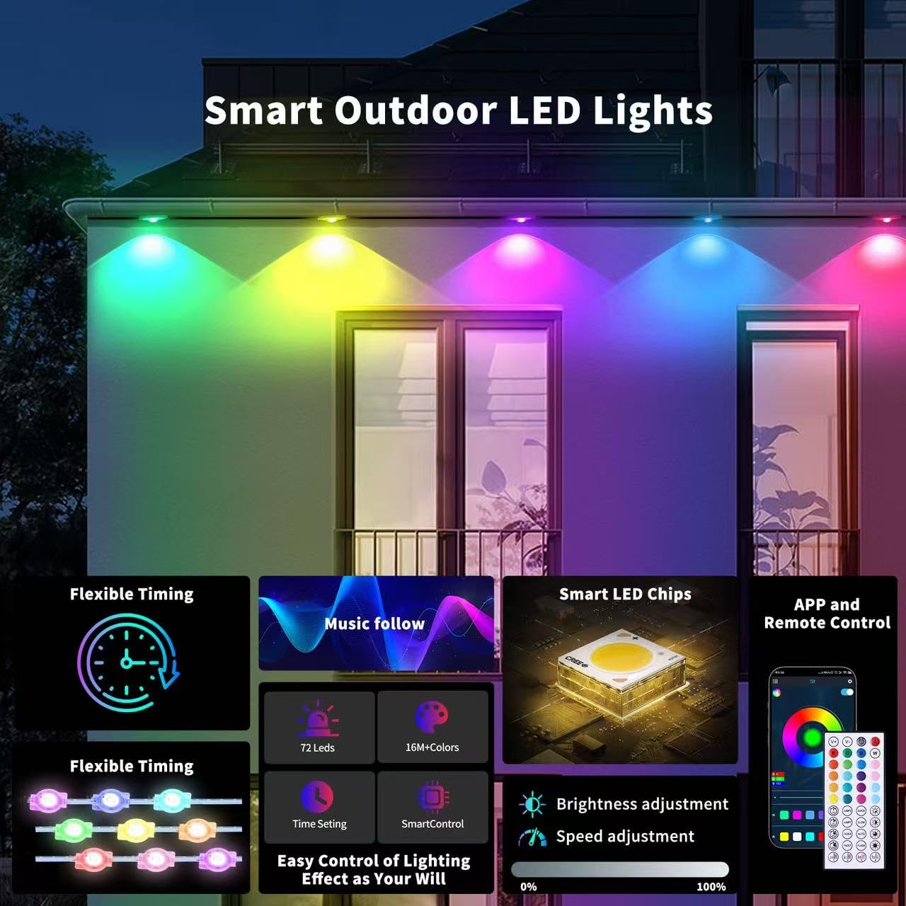 100ft Dynamic Smart RGB LED Permanent String Lights App Remote Color Sync Waterproof Outside House Lights Outdoor Transform Backyard Parties Patio Nights Holiday Magic Festive Glow Instantly