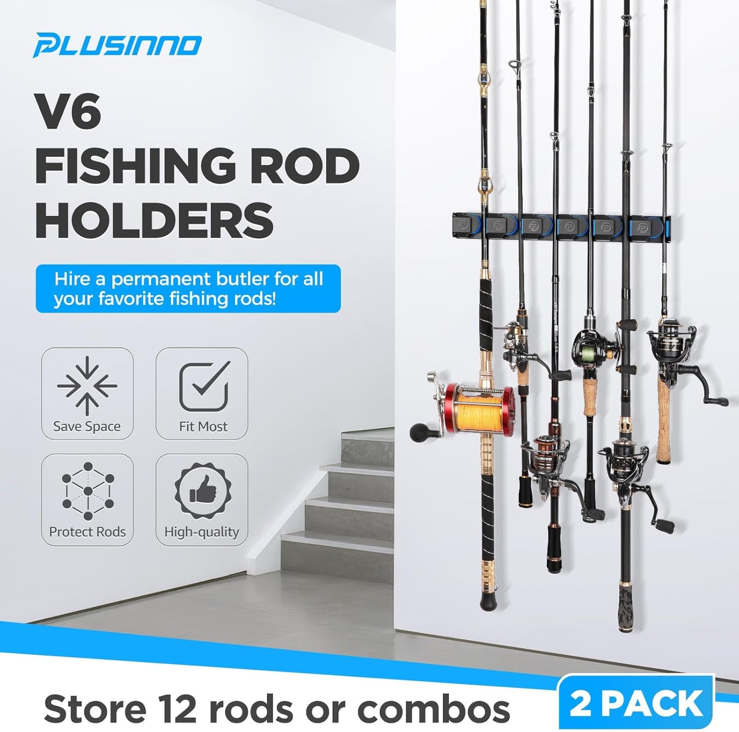 PLUSINNO Fishing Rod Holders - V6 Vertical Wall-Mounted Storage for Heavy Rod Combos | Durable & Space-Saving