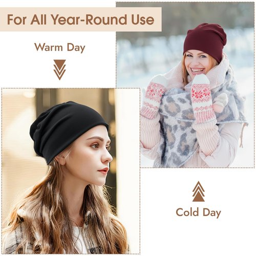 BEVTEE Beanie for Men, Slouchy Beanie Hats for Women 4 Pairs, Cotton Skull Caps Lightweight Slouchy, for Winter, Running, Camping, Chemo, Daily Wear(Burgundy + Heather Grey + Denim Blue + Black)