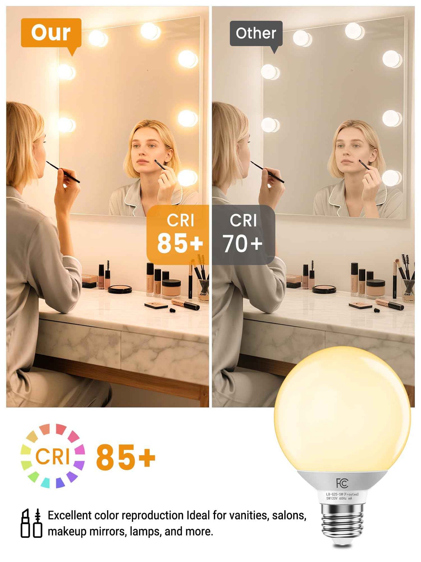 TJOY G25 LED Globe Light Bulbs, Vanity Light Bulb for Bathroom 40W Equivalent, 2700K Soft Warm White E26 Base, Round Decorative Bulb for Vanity Makeup Mirror, CRI85+, 450LM, Non-Dimmable, UL, 4 Pack