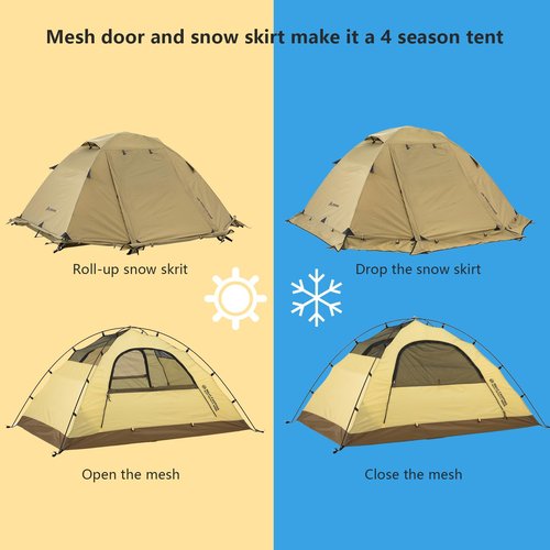 BISINNA 4 Season Tent for Backpacking Winter Tents 2 Person Lightweight Cold Weather Tents Waterproof Double Layer All Season Tent Aluminum Alloy Poles Easy Set Up for Camping, Hiking, Outdoor (Brown)