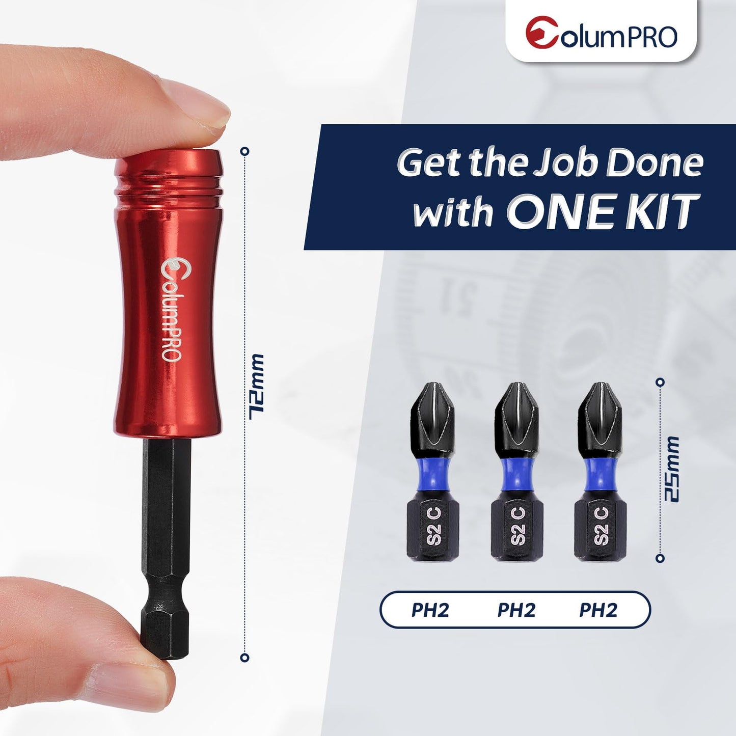 ColumPRO Strong Magnetic Screwdriver Bit Holder for Impact Driver, 1 Magnetic Drill Bit & Screw Holder, Three 25 MM PH2 Bits