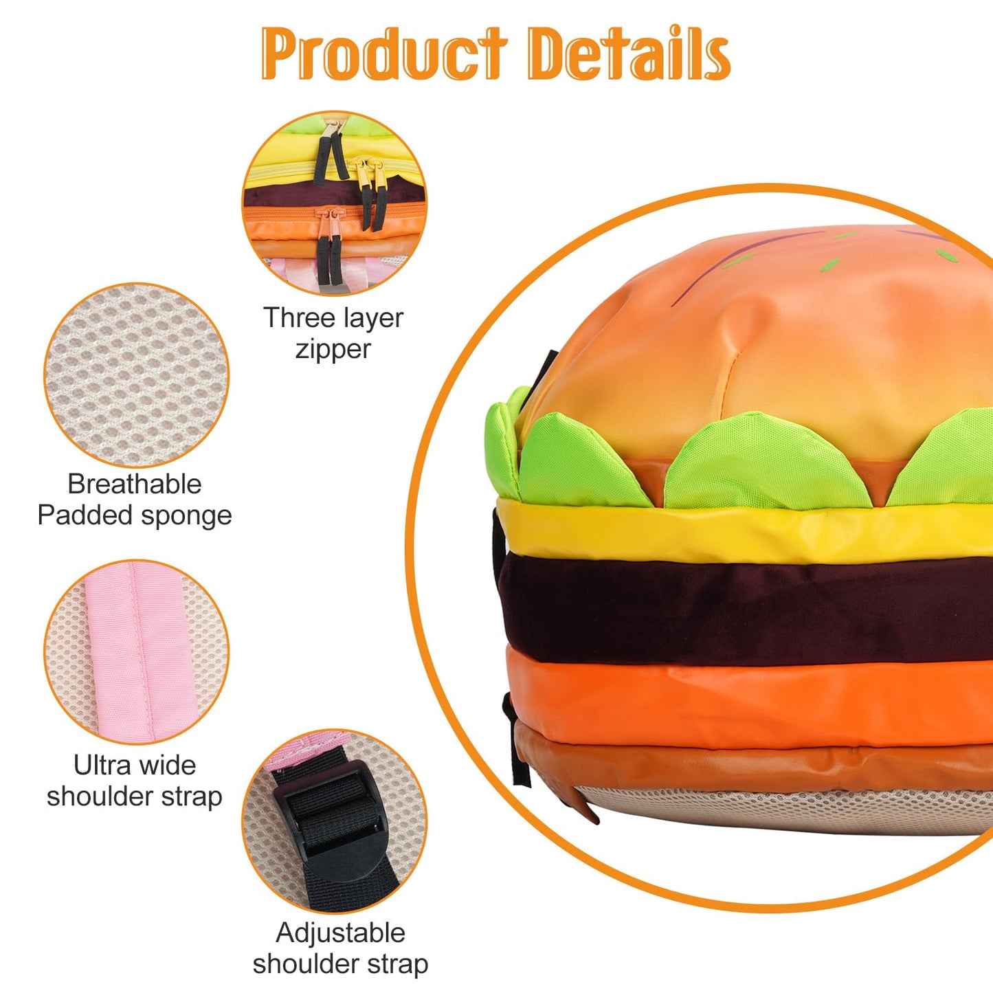 MaiQidd Cheeseburger Backpack Multi-compartment Funny Hamburger Backpack