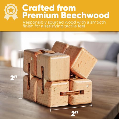 BunMo Wooden Fidget Cube - Beechwood Infinity Cube Toy | Smooth Folding Pocket Size for Travel & Desk