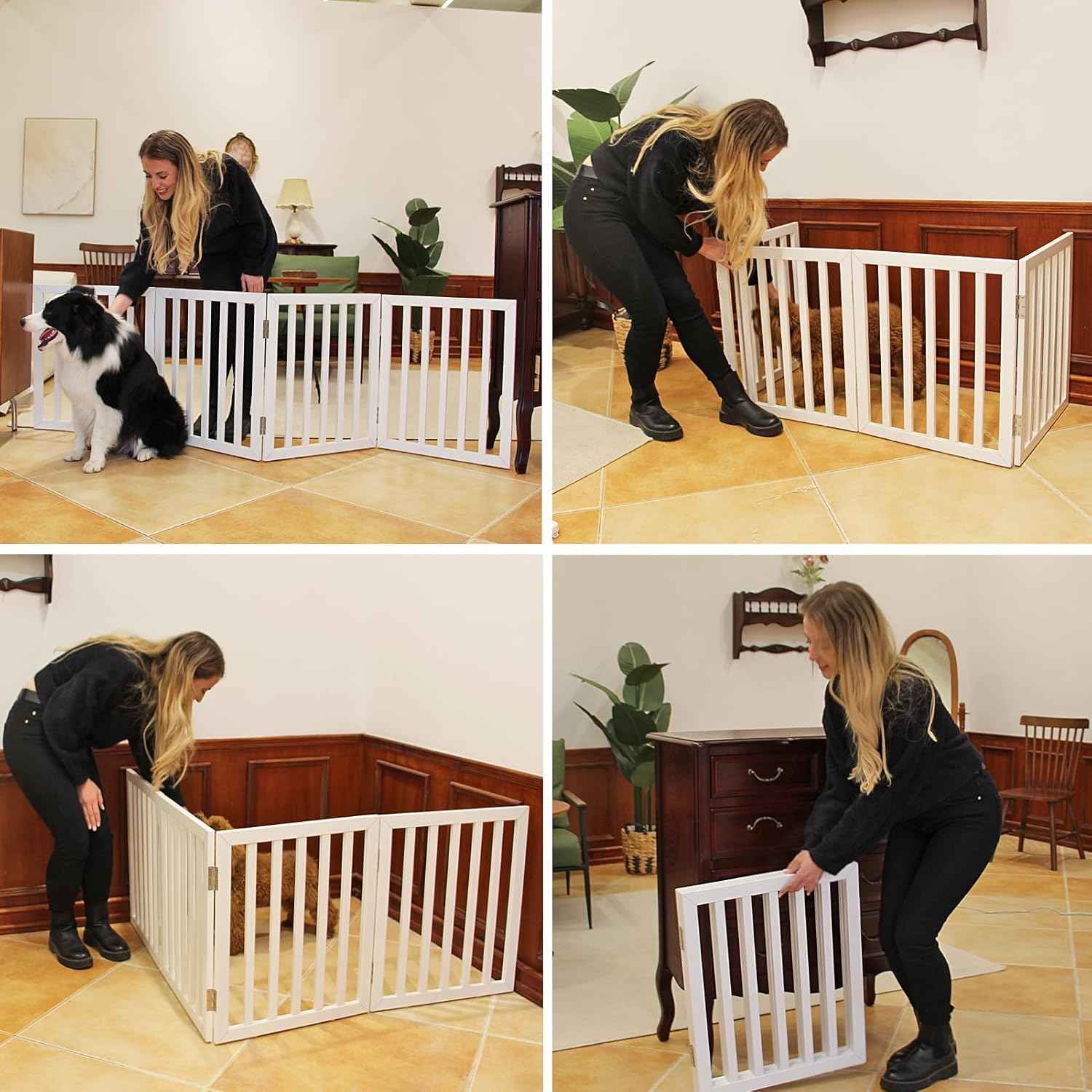 Extra Wide Freestanding Indoor Dog Gate - Foldable 3-Panel Wood Pet Barrier for Doorways & Stairs - 24” Height, White