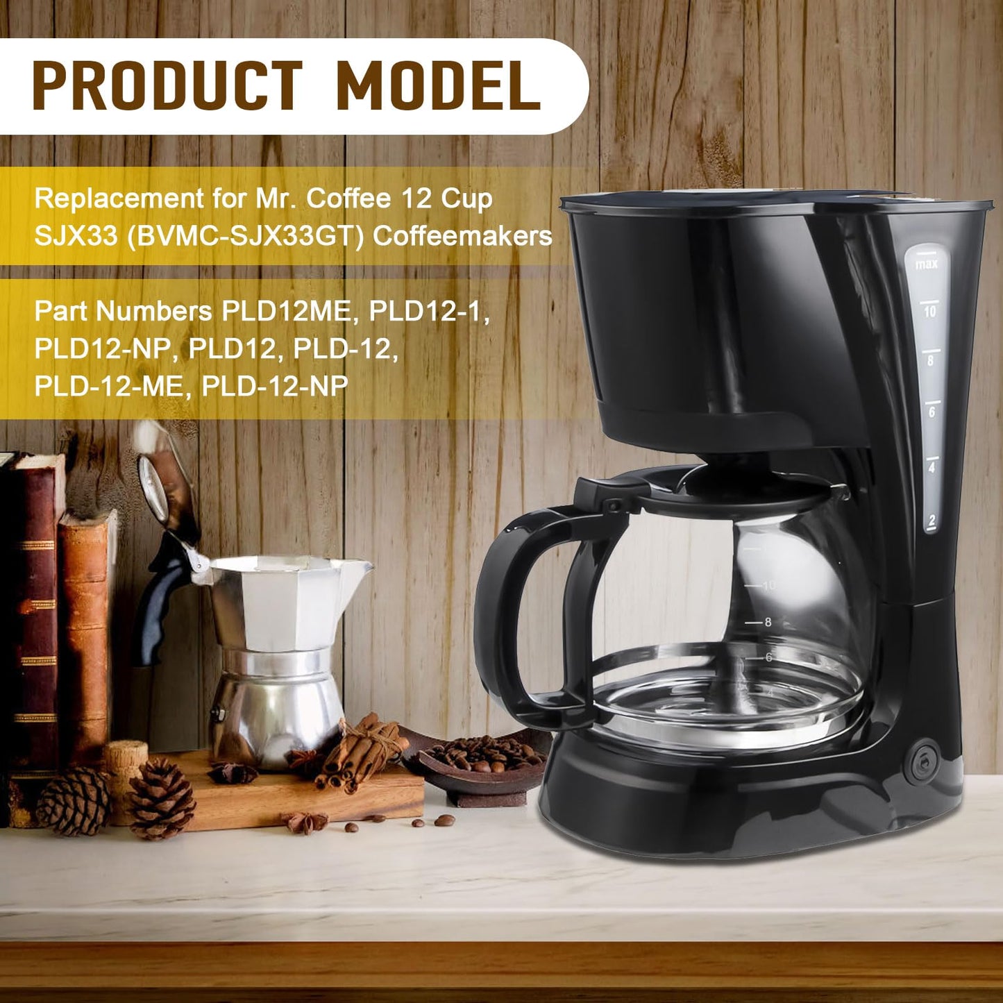 12 Cup Coffee Machine Glass Carafe Replacement for Mr. Coffee - With Heads Three Different Heights, Universal Carafe Coffee Maker Pot Accessory Easy Pour Spout and Comfortable Grip Handle,Black