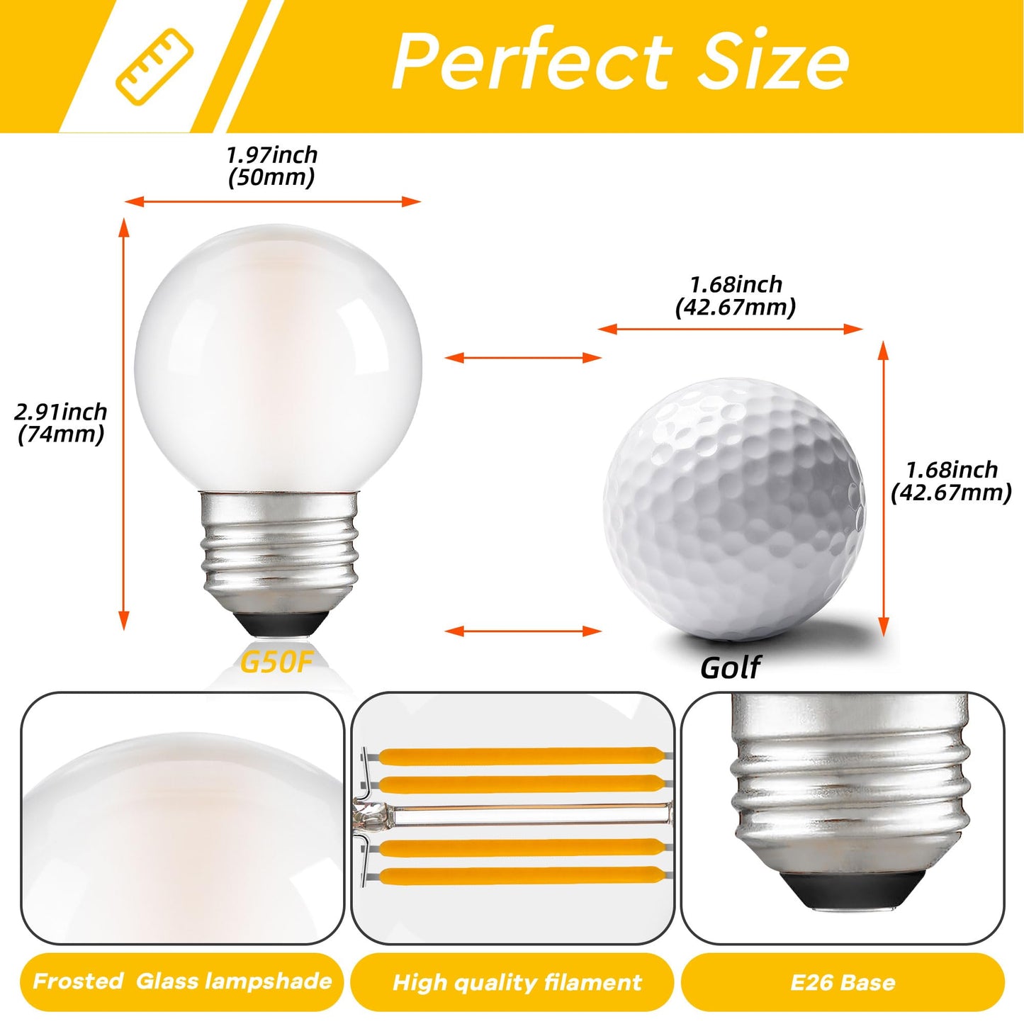 PADMO LUDAZ Dimmable E26 G16.5 LED Light Bulb 40W Equal 4W Frosted Globe Light Bulbs,Small Round Light Bulbs Type G Light Bulb for Chandelier,Pendant,Vanity,Warm White 2700K 400LM,Pack of 6
