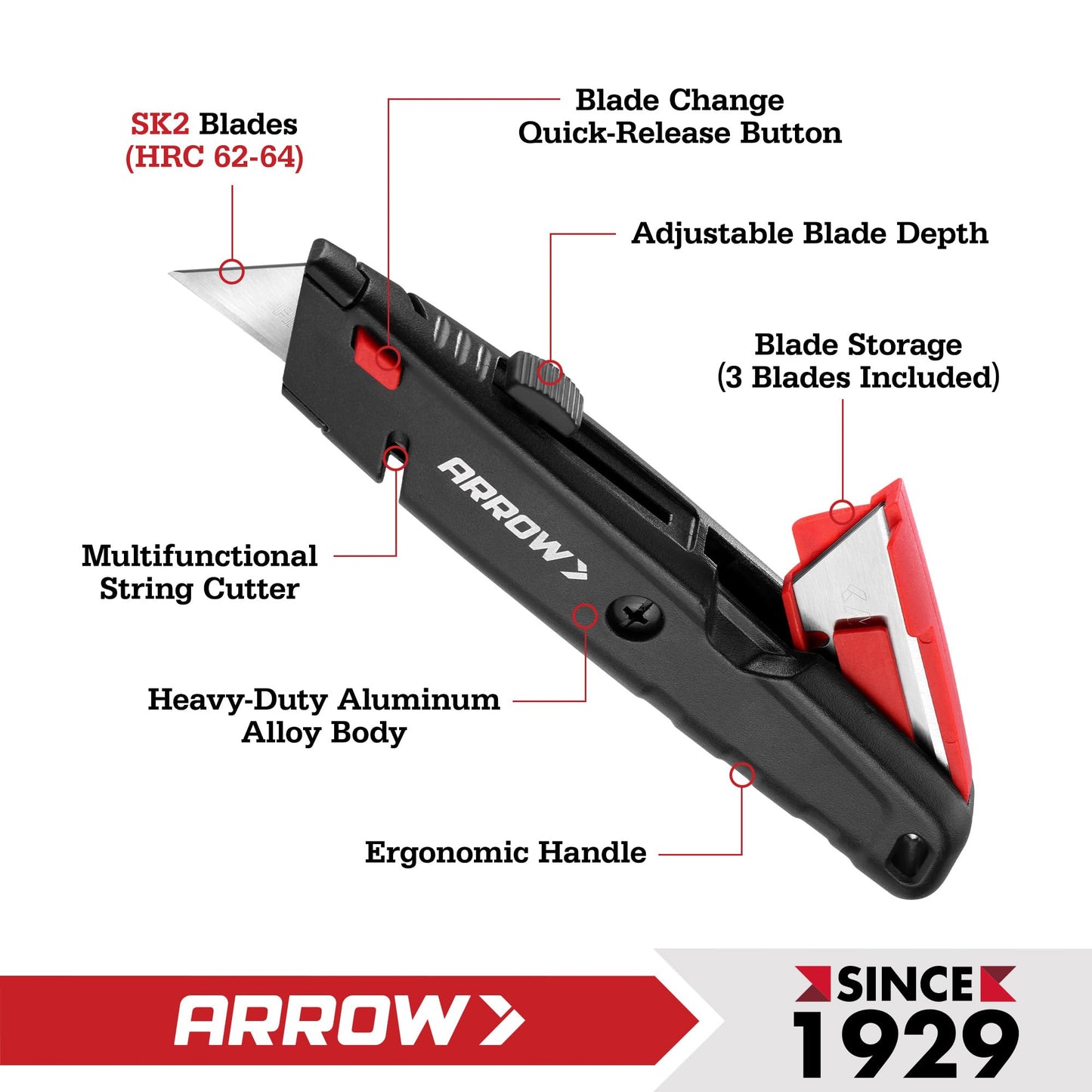 ARROW Retractable Box Cutter, Quick Change Utility Knife with Blade Storage Design, Heavy Duty Aluminum Razor Knife, Twine Cutter, 3 Extra SK2 Blades Included