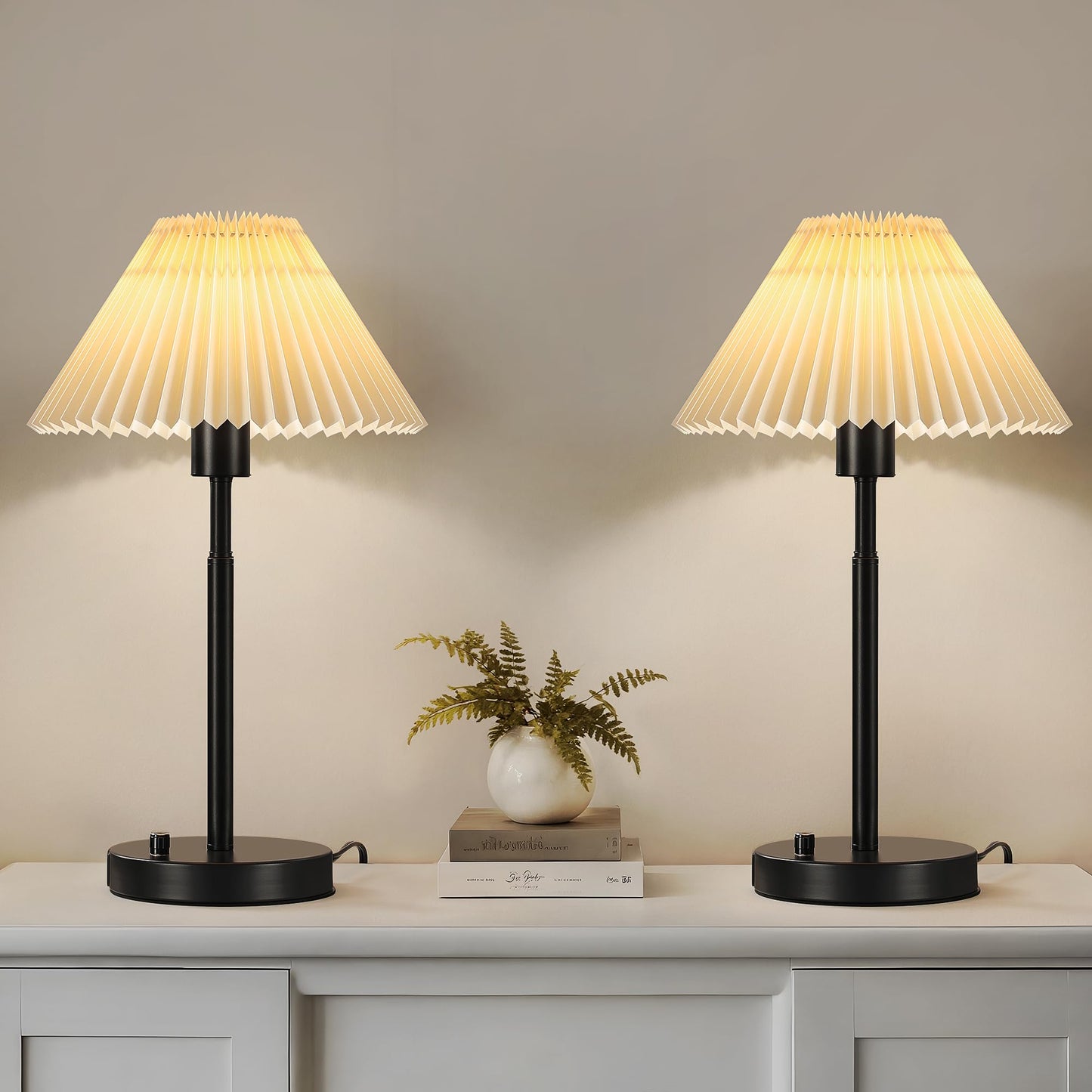 RUIYEY Bedside Table Lamp Set of 2: Dimmable Nightstand Bedside Lamps with USB A and C Ports, Modern Metal and Pleated Fabric Shade Black Desk Lamp for Bedroom Living Room Home Office Reading