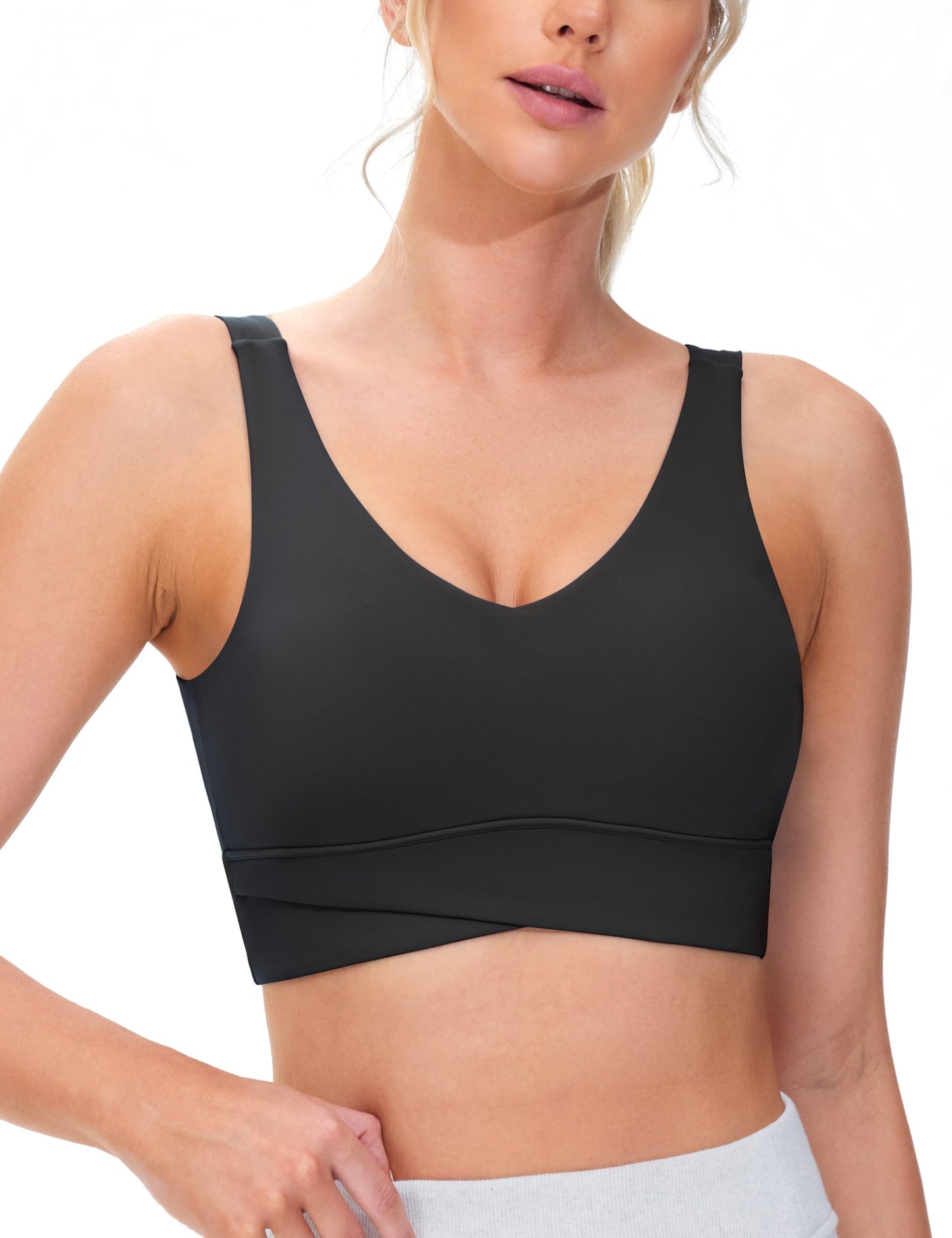 THE GYM PEOPLE Women's Padded Sports Bra V-Neck Wireless Stretchy Workout Crop Tops with Cross Hem Soft Yoga Bras Black