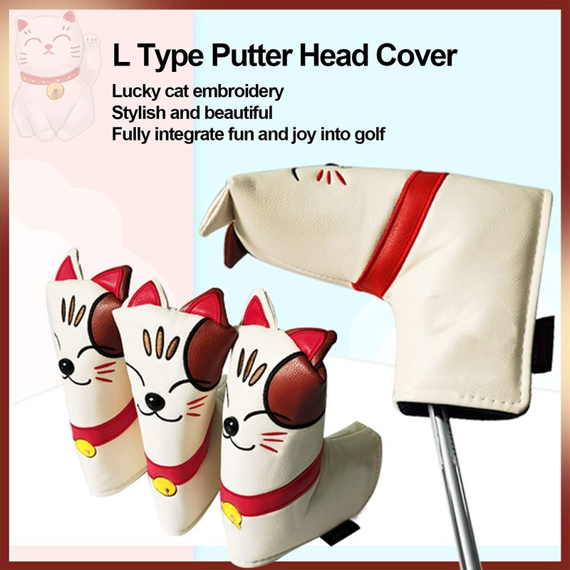 Putter Cover, Cute Lucky Cat Design Magnetic Closure, Blade Putter Cover L Type PU Leather Plush for Golfers Gifts Practice Travel