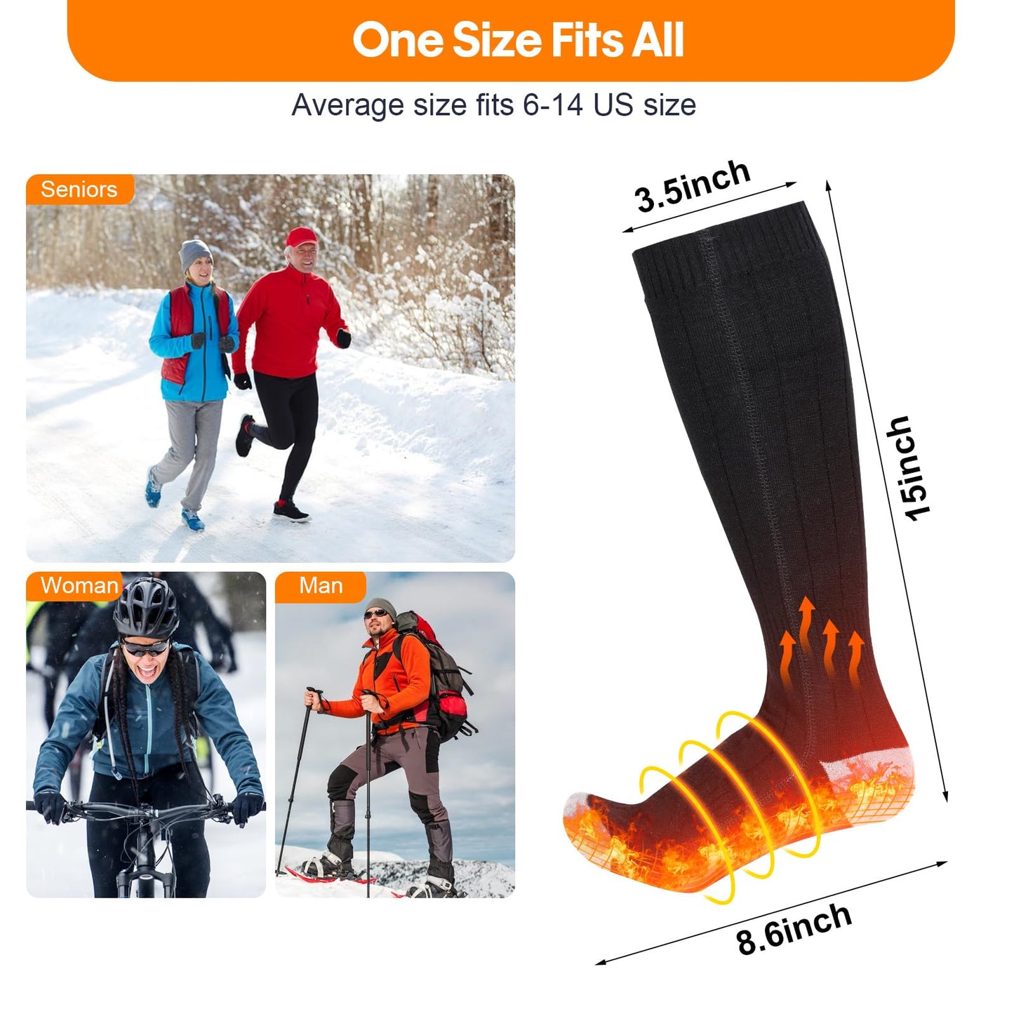 Heated Socks, Electric Heated Socks for Men Women, Rechargeable Battery Heat Up to 8 Hours, Winter Washable Thermal Socks Foot Warmer for Outdoor Camping Skiing Fishing Hunting (Black & Light Grey)